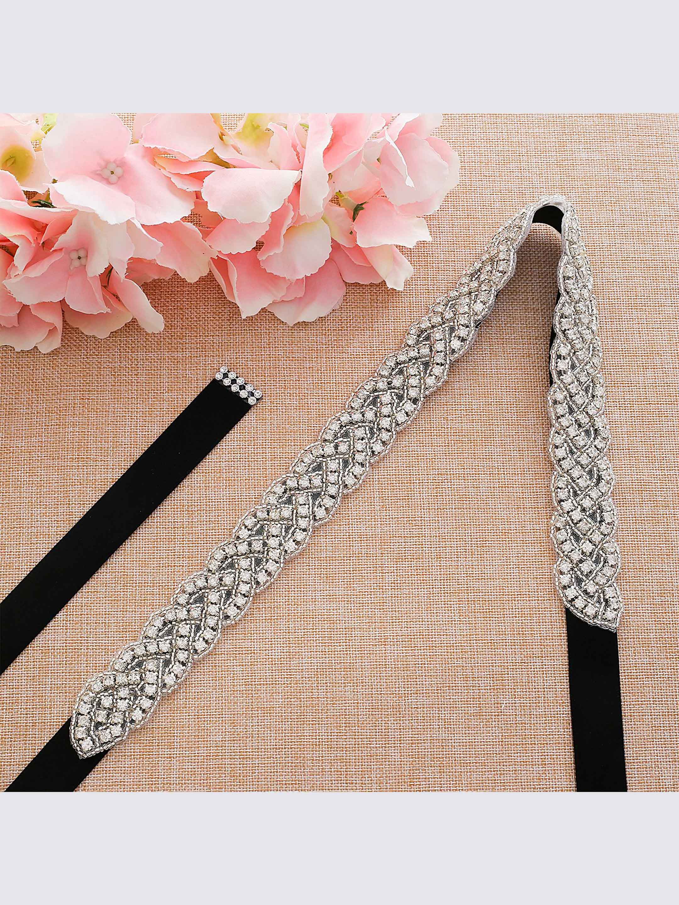 Women's Sparkly Rhinestone Pearl Ribbon Waistband