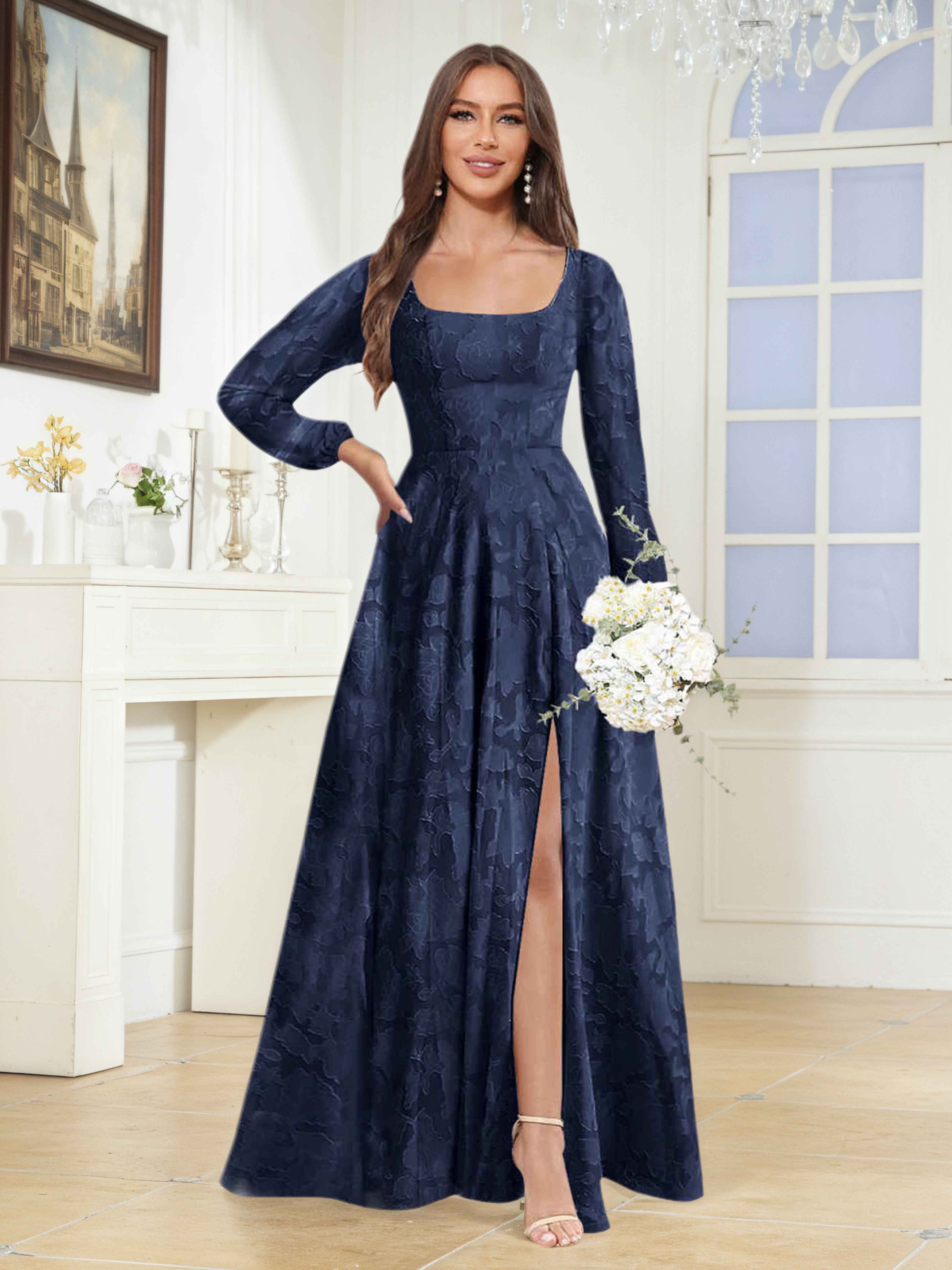 Wyneth Elegant Long Sleeves Slit Floor Length Jacquard Mother of the Bride Dresses