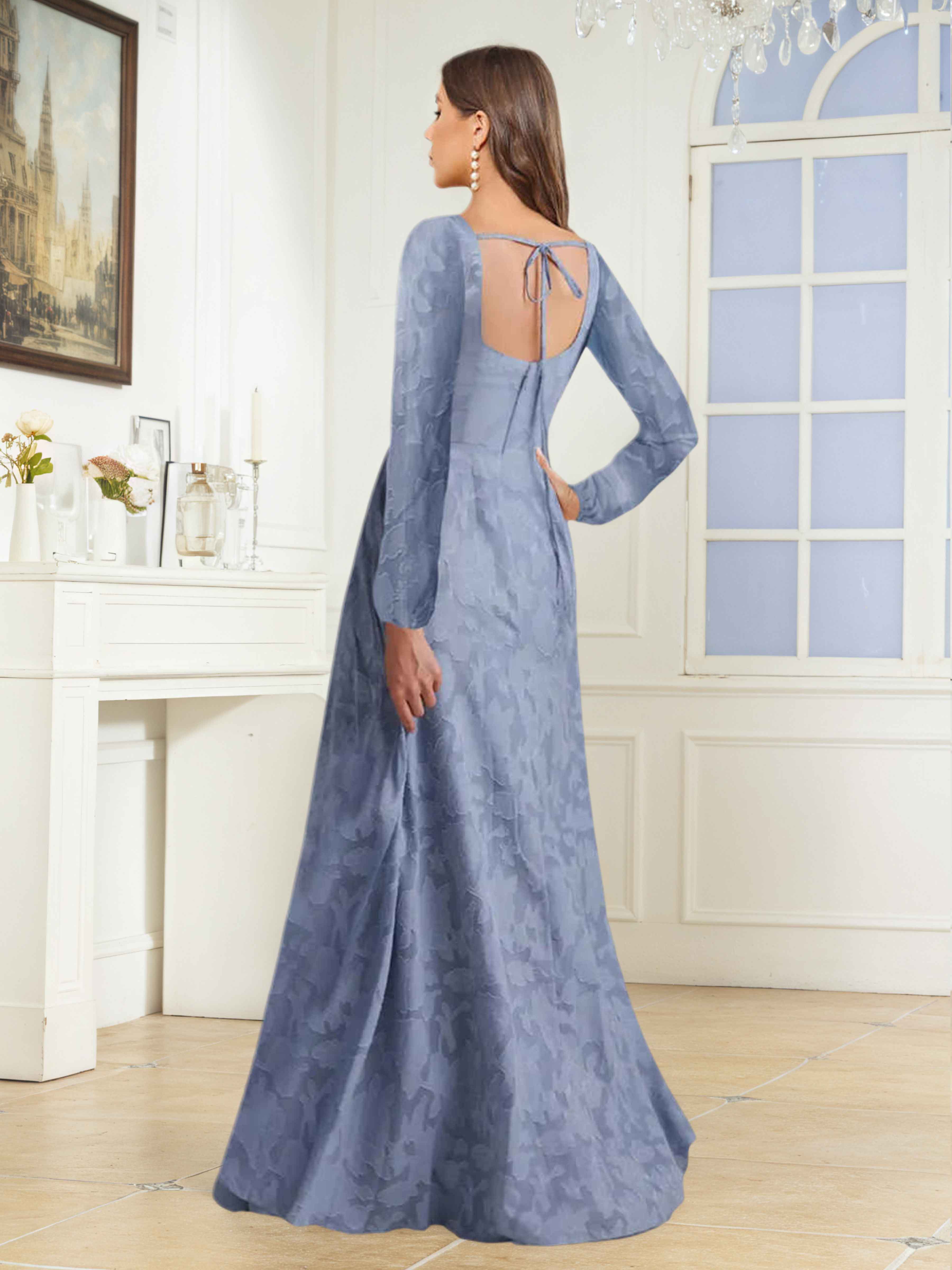 Wyneth Elegant Long Sleeves Slit Floor Length Jacquard Mother of the Bride Dresses