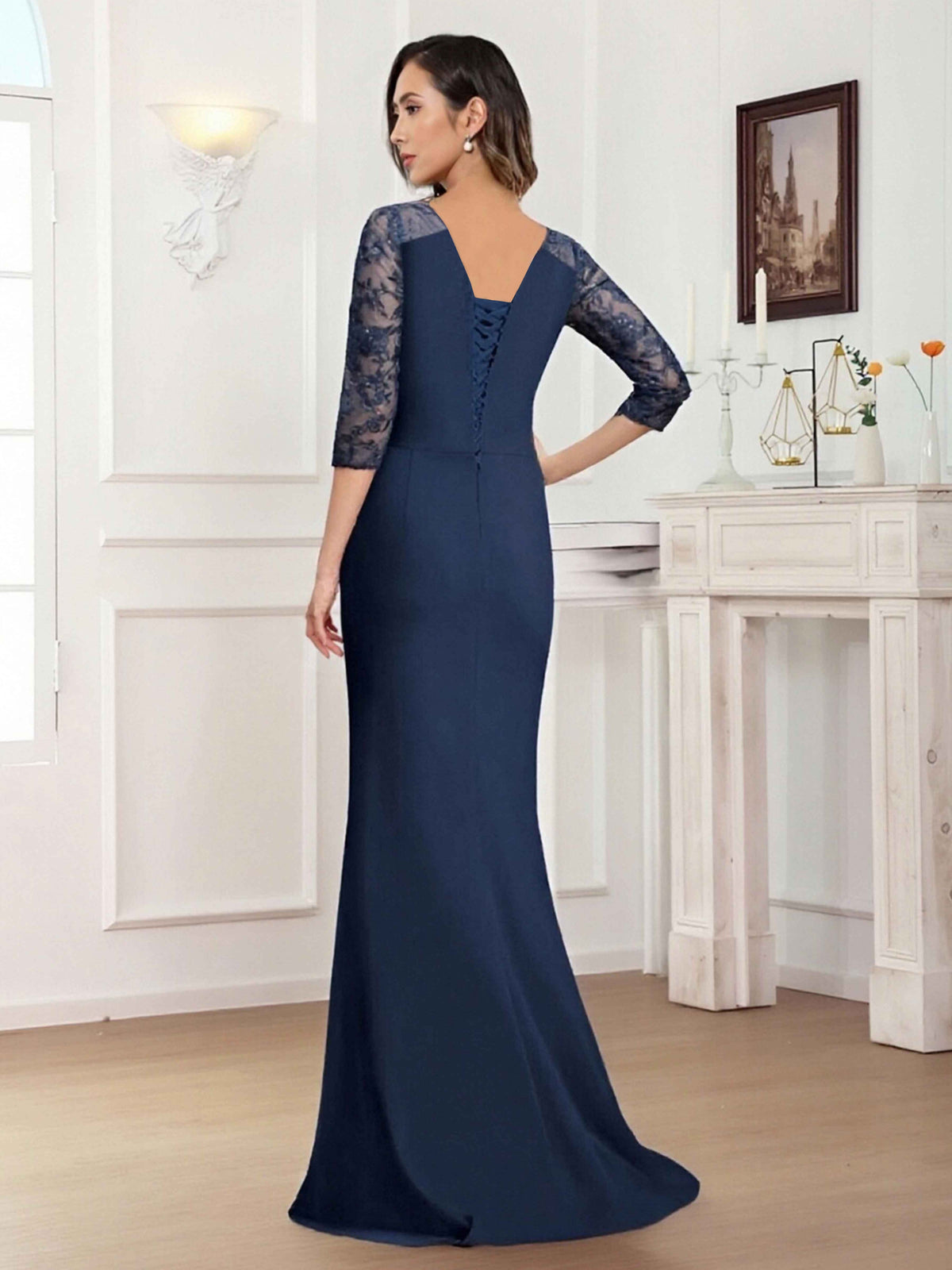 Traelwyn Elegant Scoop 3/4 Sleeves Sequins Lace Long Chiffon Mother of the Bride Dresses