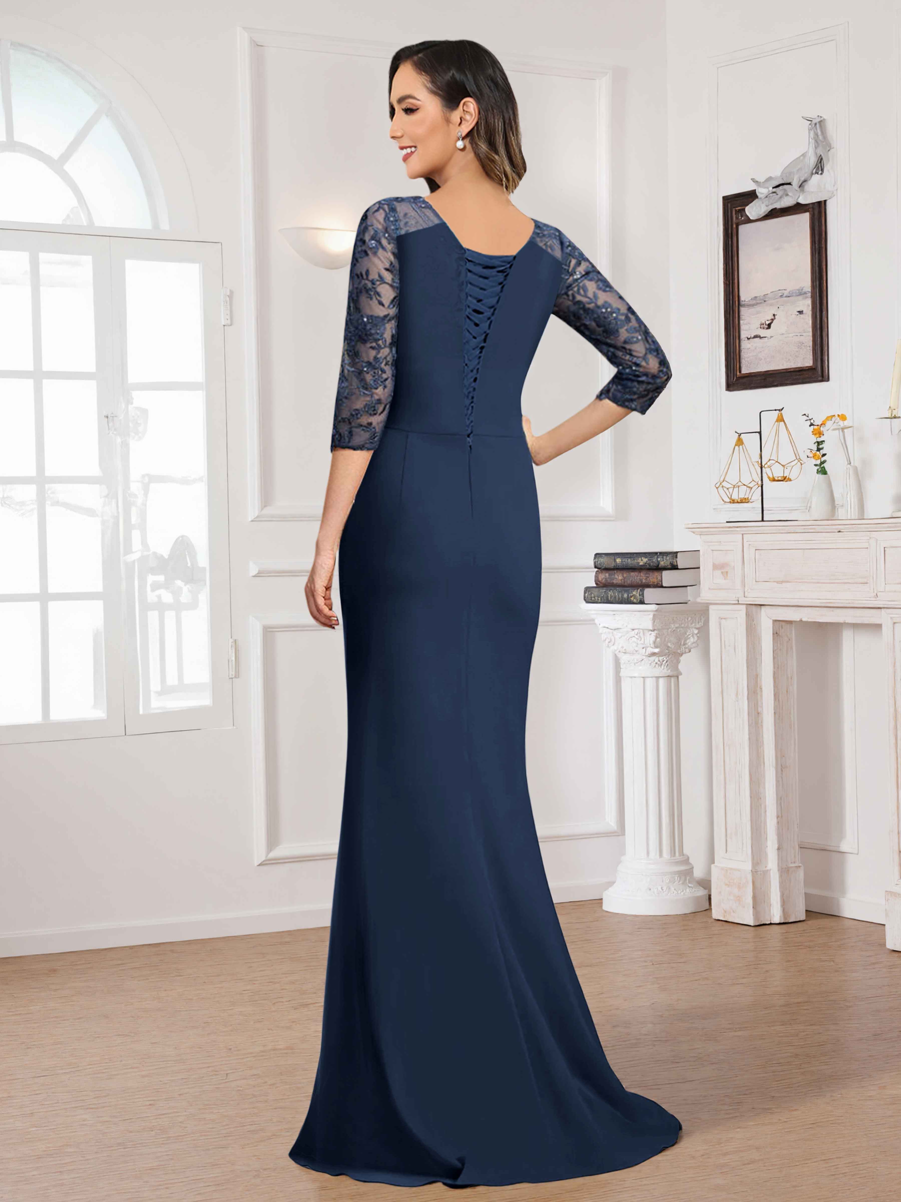 Traelwyn Elegant Scoop 3/4 Sleeves Sequins Lace Long Chiffon Mother of the Bride Dresses