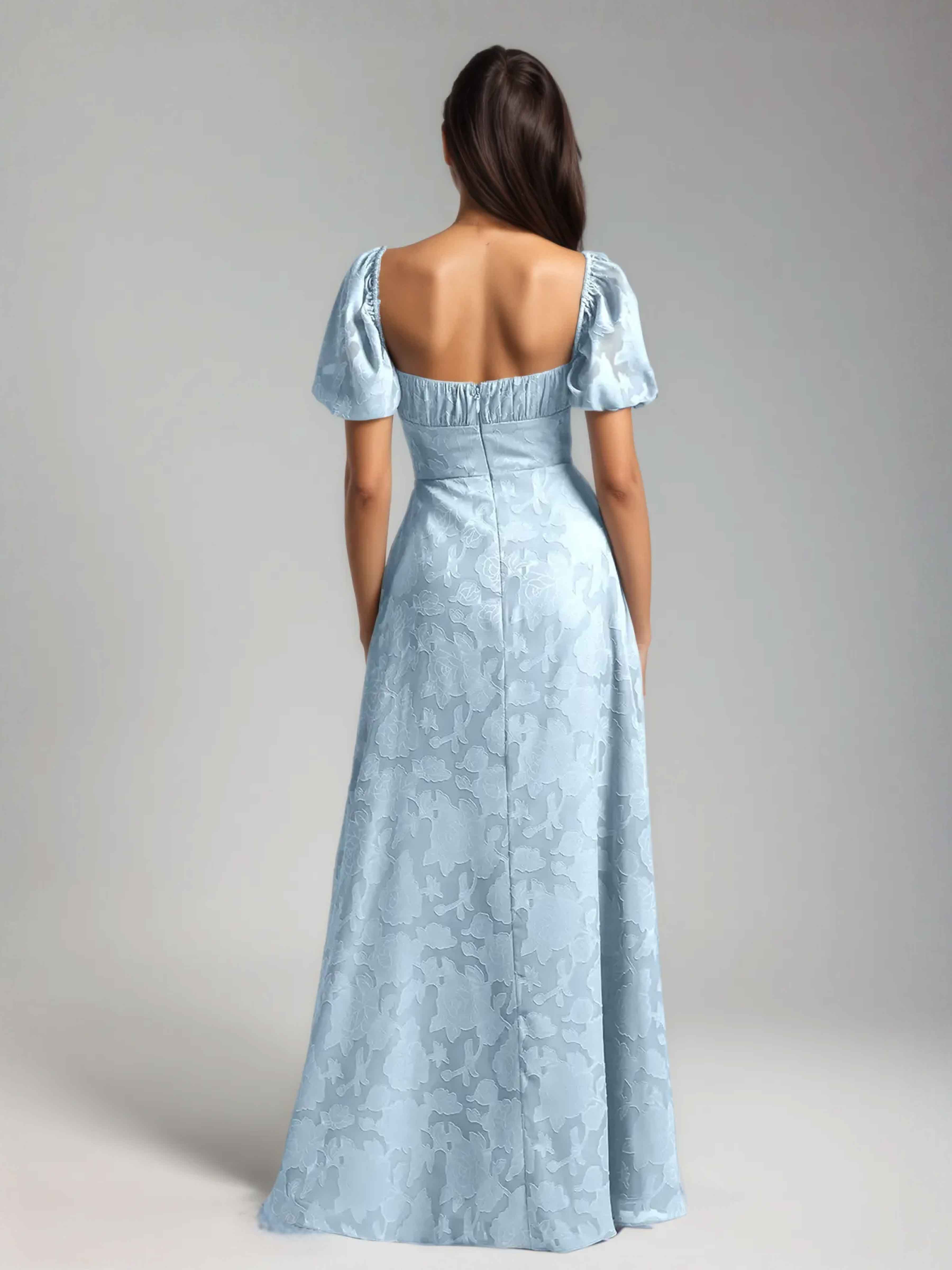 Elyndara Elegant Short Sleeves Slit Floor Length Floral Burnout Formal Dresses