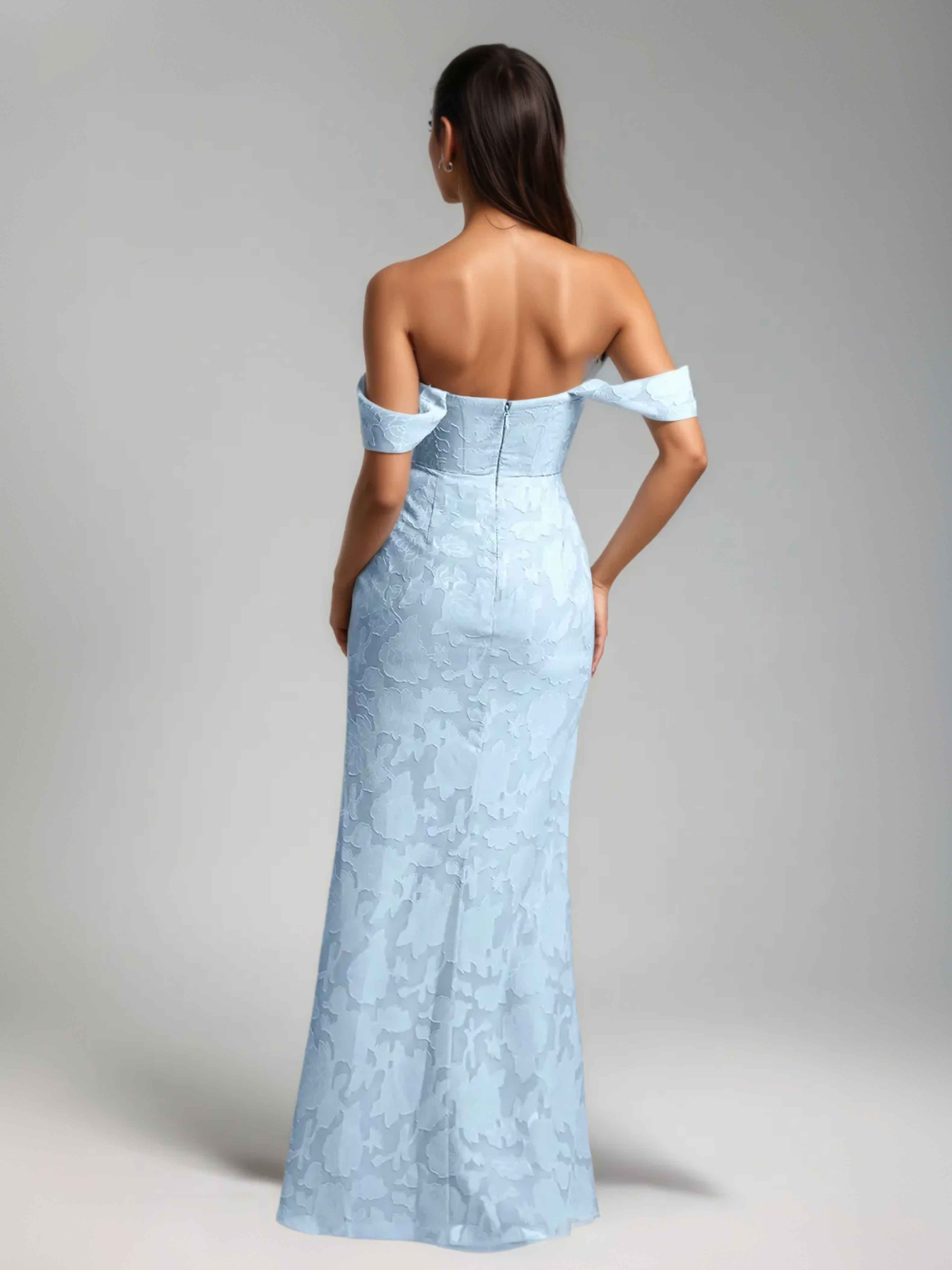 Graelindra Enchanting Off the Shoulder Pleated Floral Burnout Formal Dresses