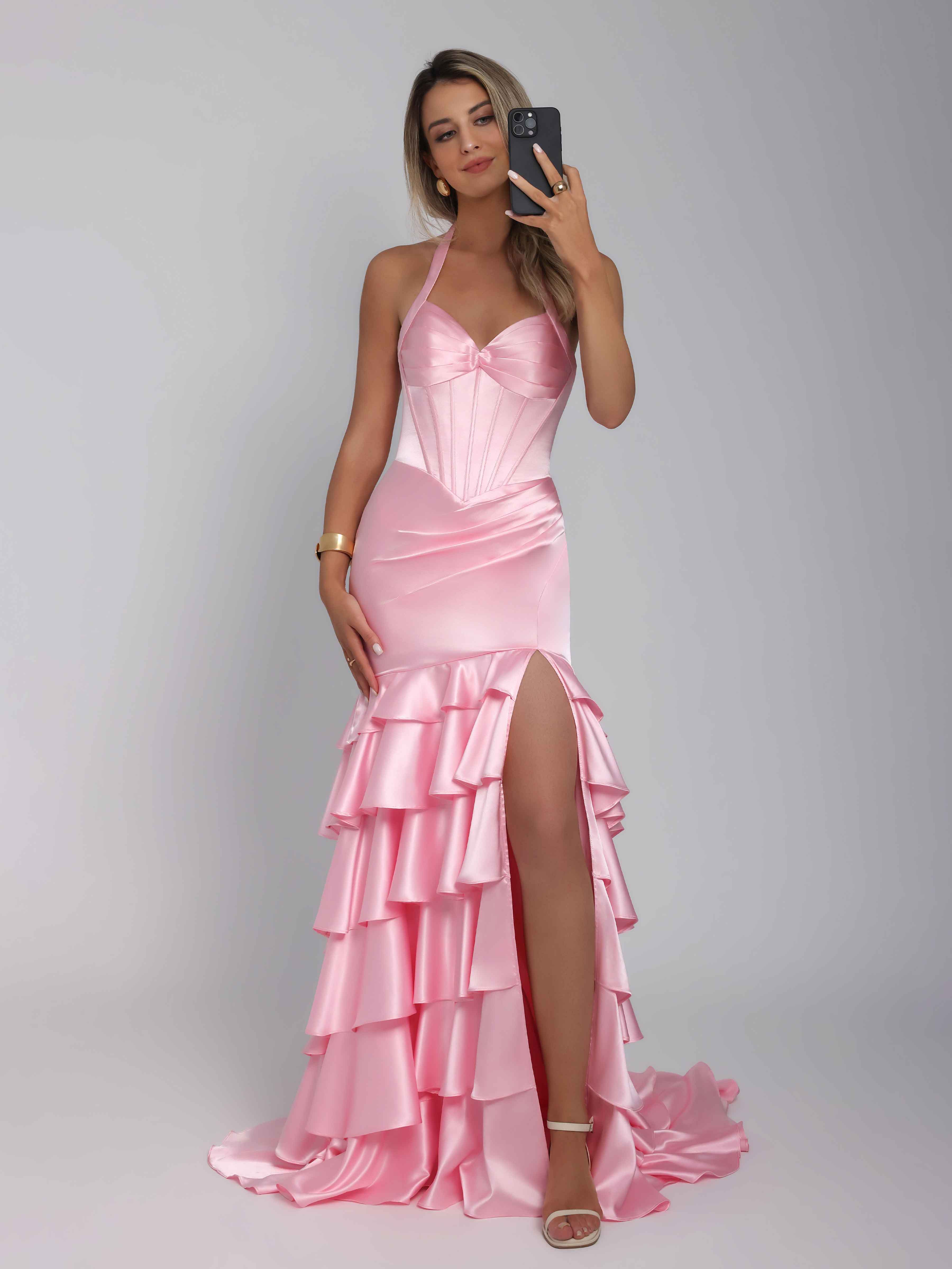 Kaelindra Stunning Mermaid Halter Tiered Sweep Train Satin Prom Dresses