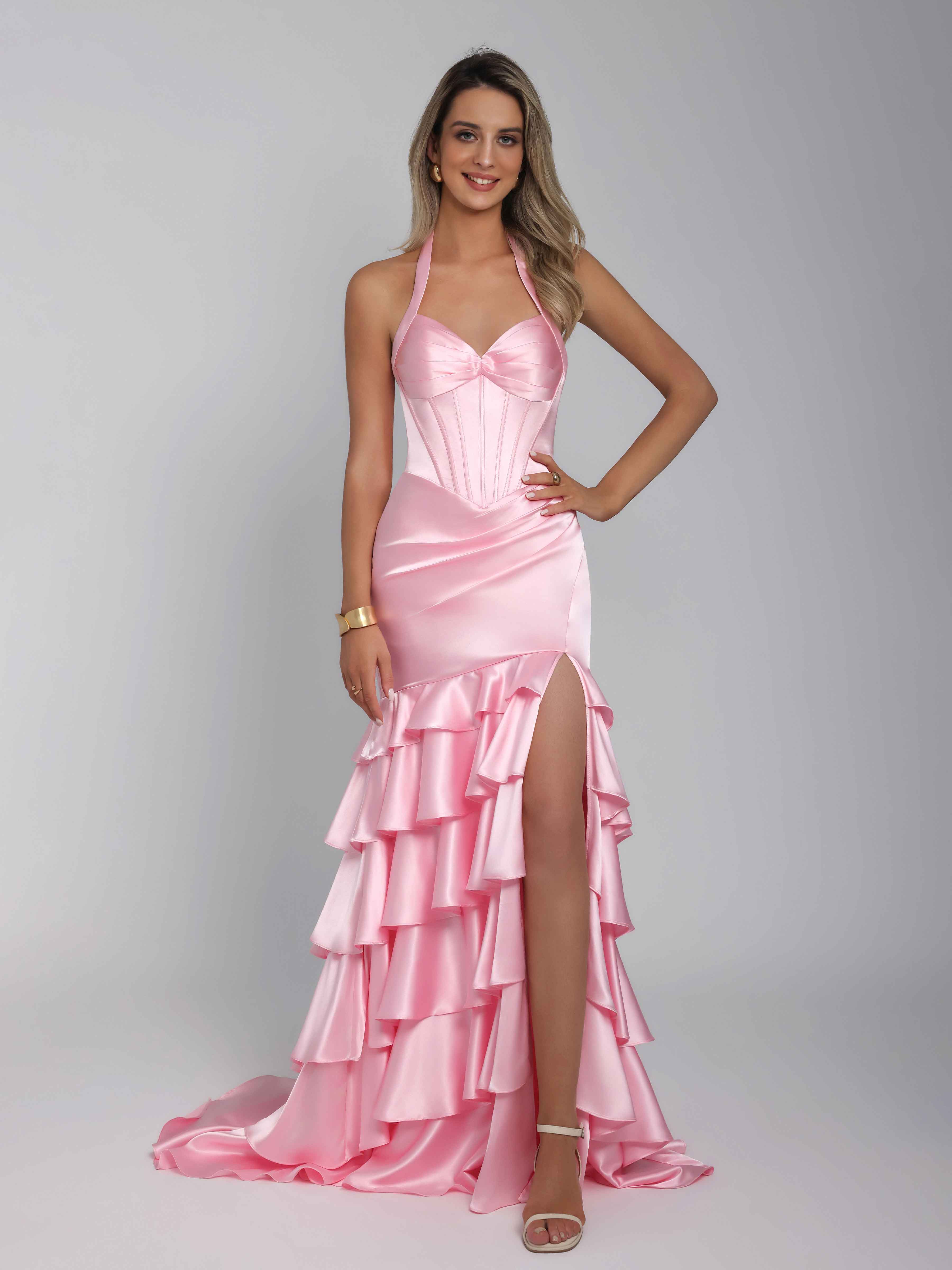 Kaelindra Stunning Mermaid Halter Tiered Sweep Train Satin Prom Dresses
