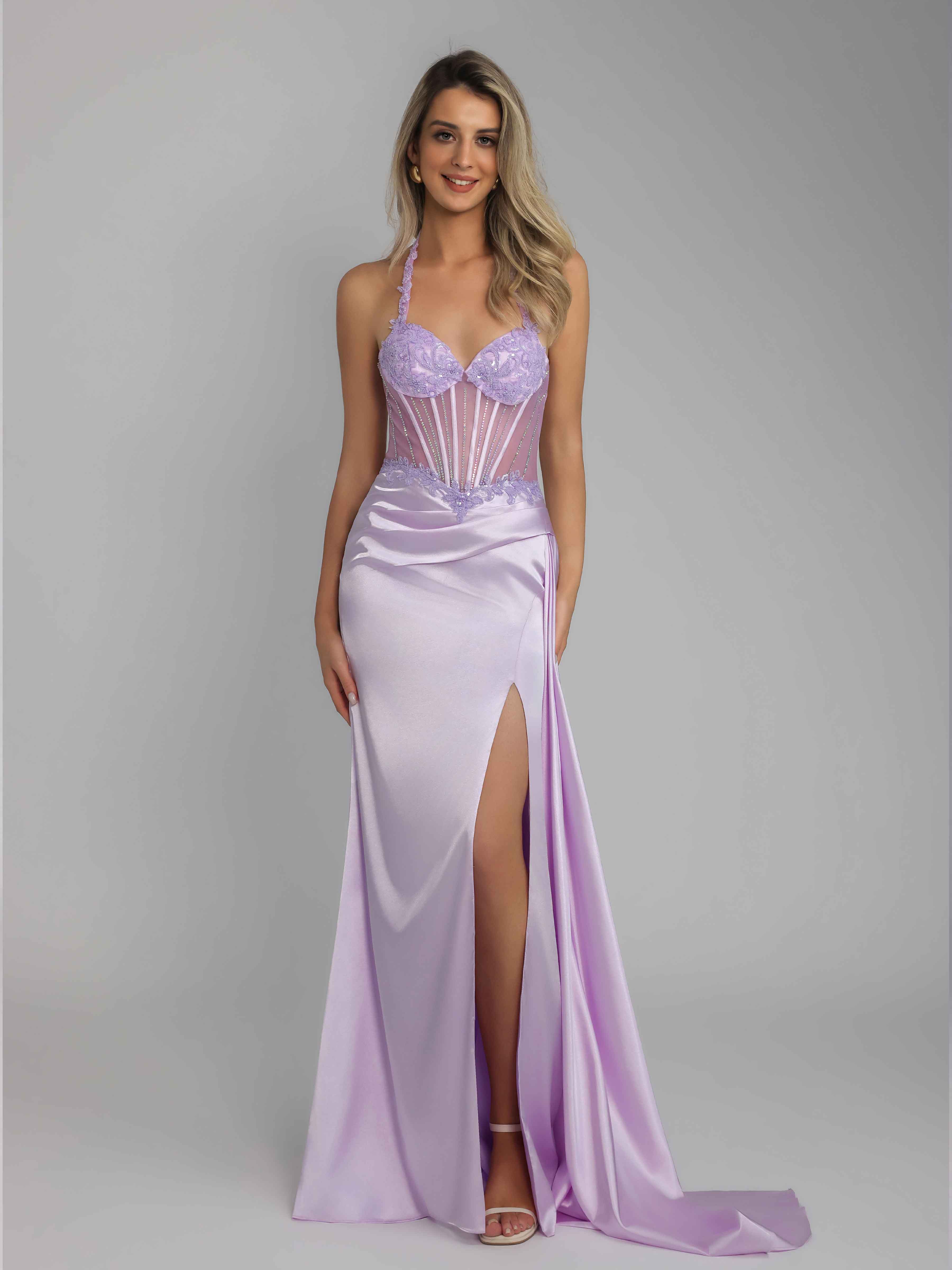 Oraelindra Glamorous Mermaid Halter Beading Sequins Long Satin Prom Dresses
