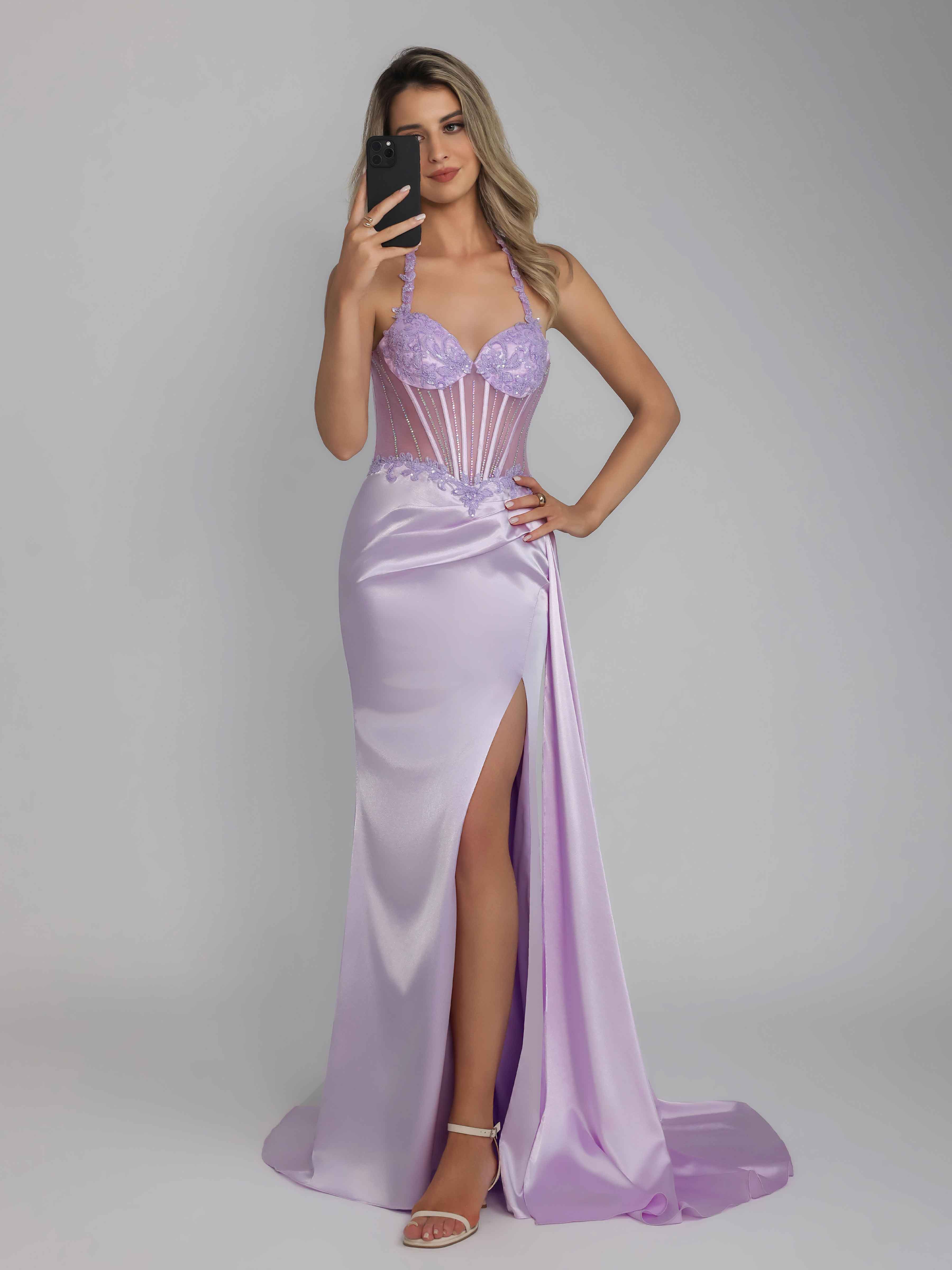 Oraelindra Glamorous Mermaid Halter Beading Sequins Long Satin Prom Dresses