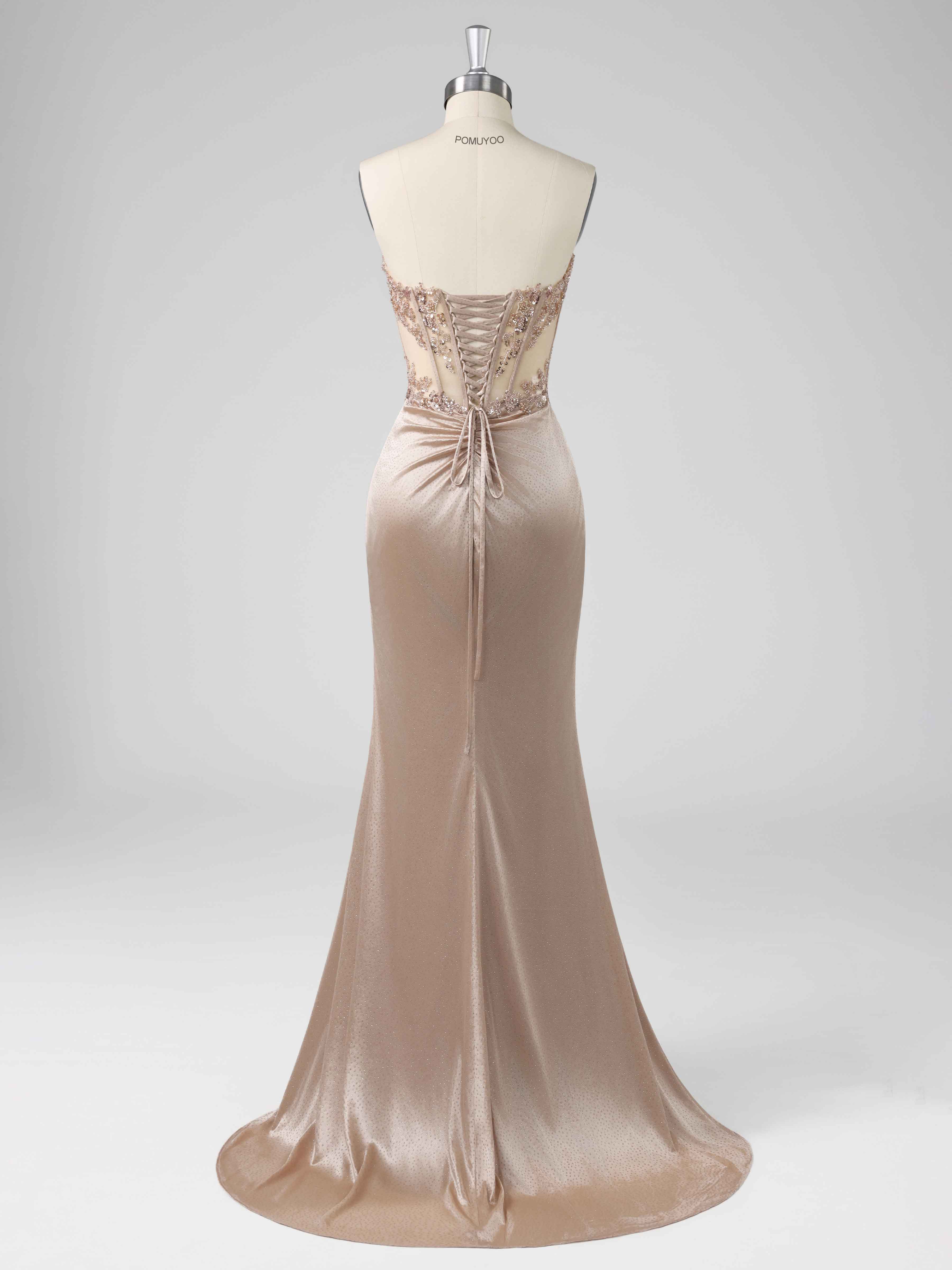 Praelindra Dazzling Strapless Sheath Beading Sequins Slit Long Prom Dresses