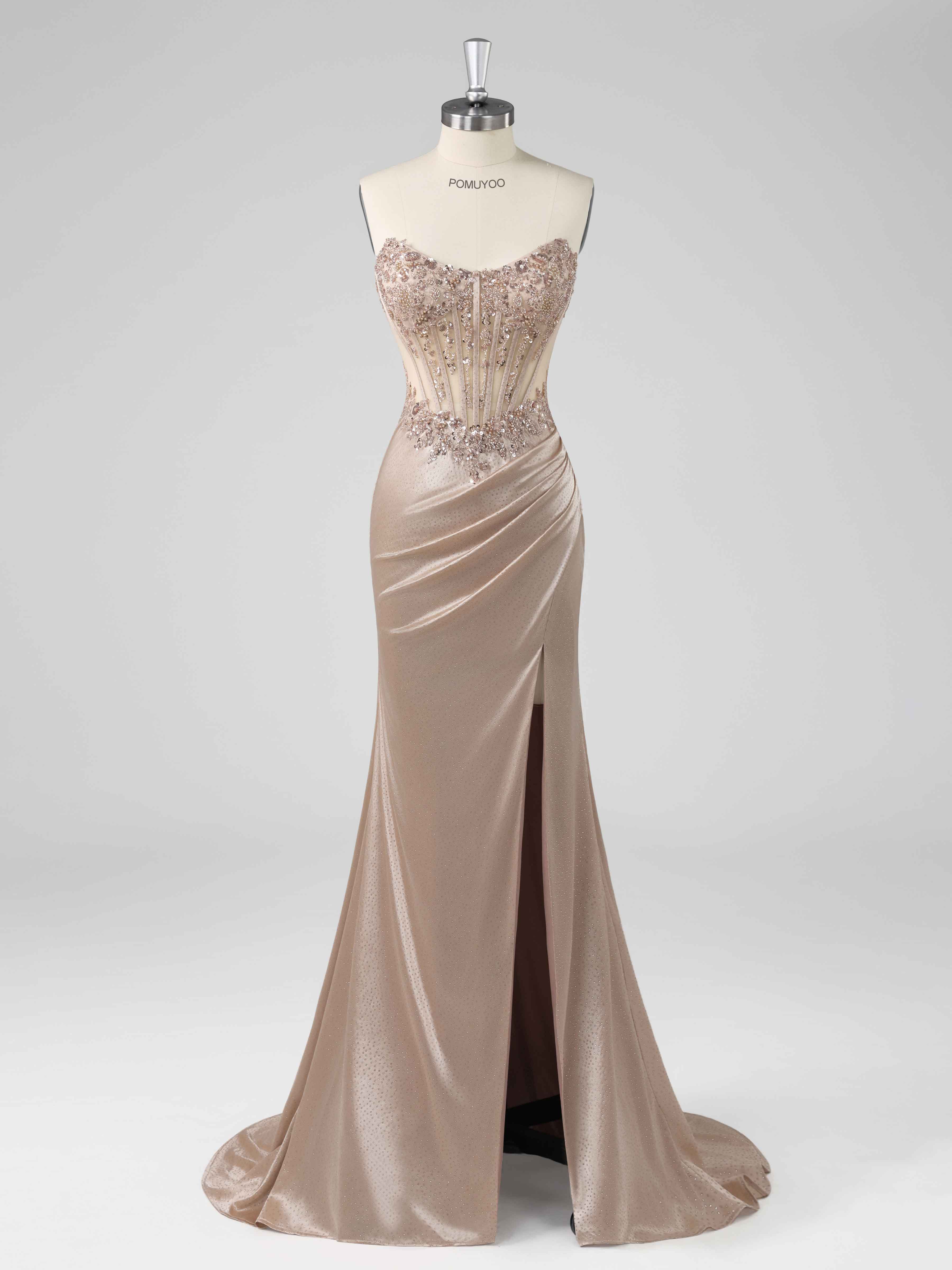 Praelindra Dazzling Strapless Sheath Beading Sequins Slit Long Prom Dresses