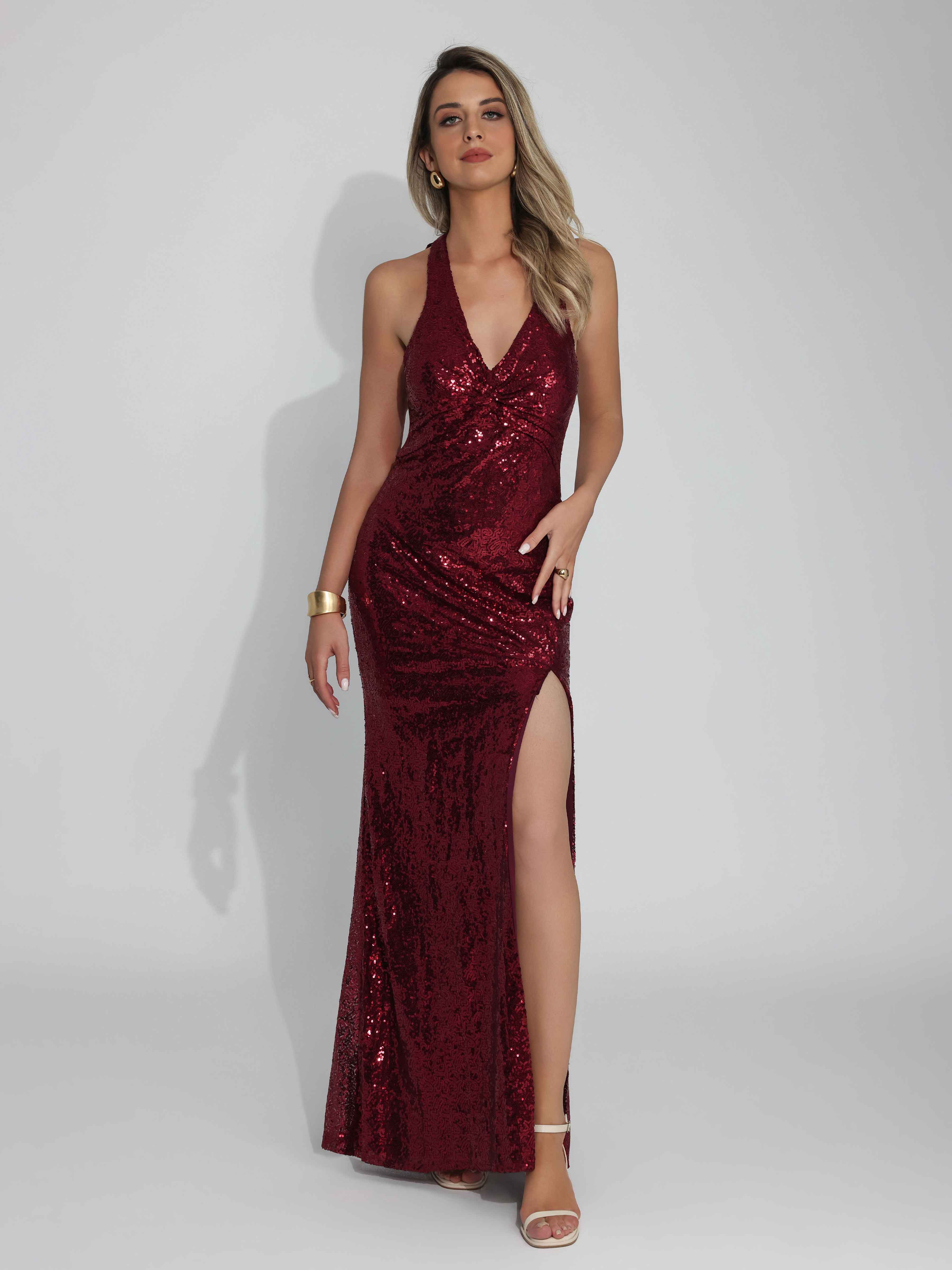 Qaelindra Sexy Sheath Halter V Neck Slit Long Sequins Prom Dresses
