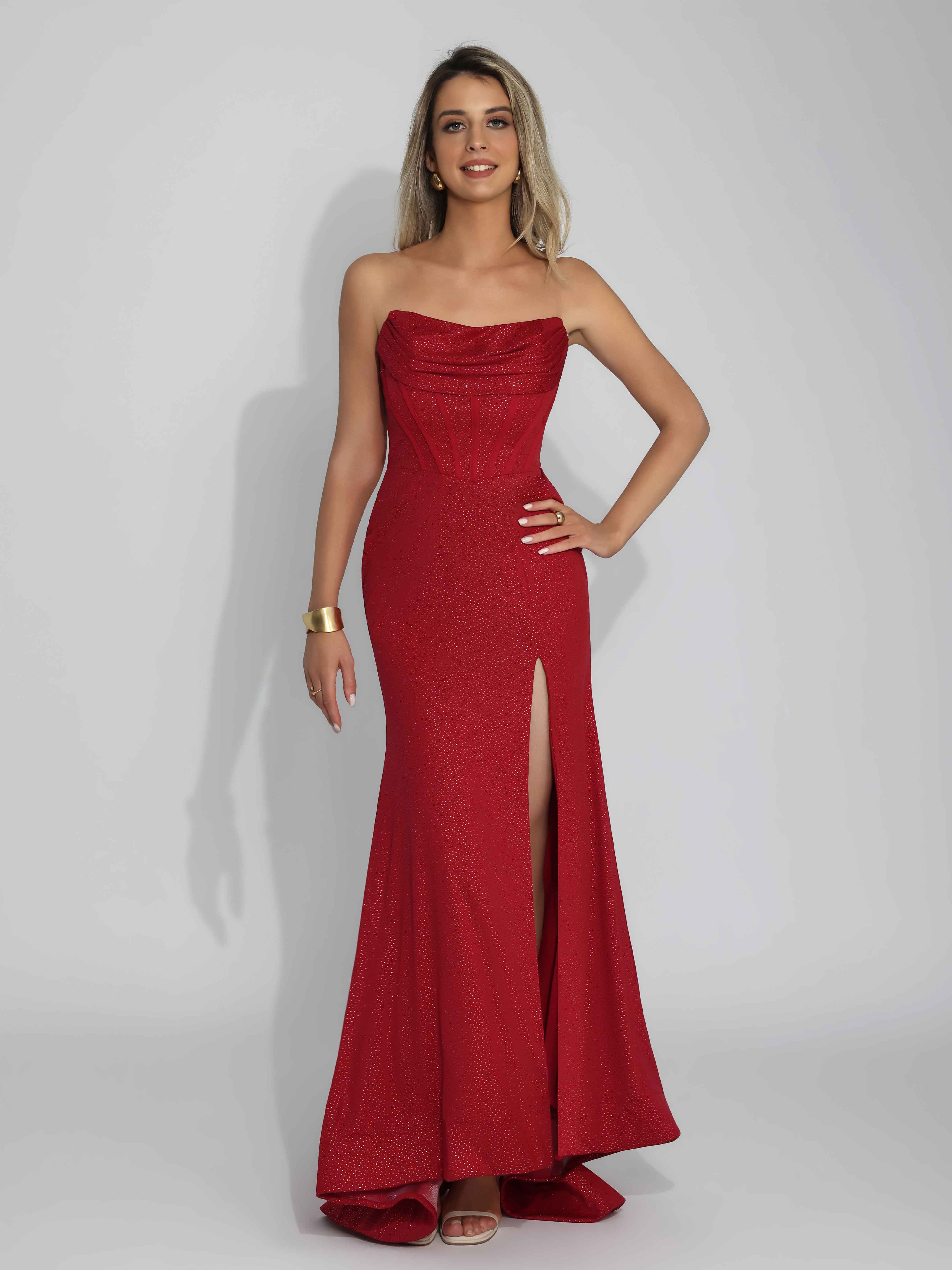 Traelindra Dazzling Strapless Pleated Slit Long Satin Prom Dresses