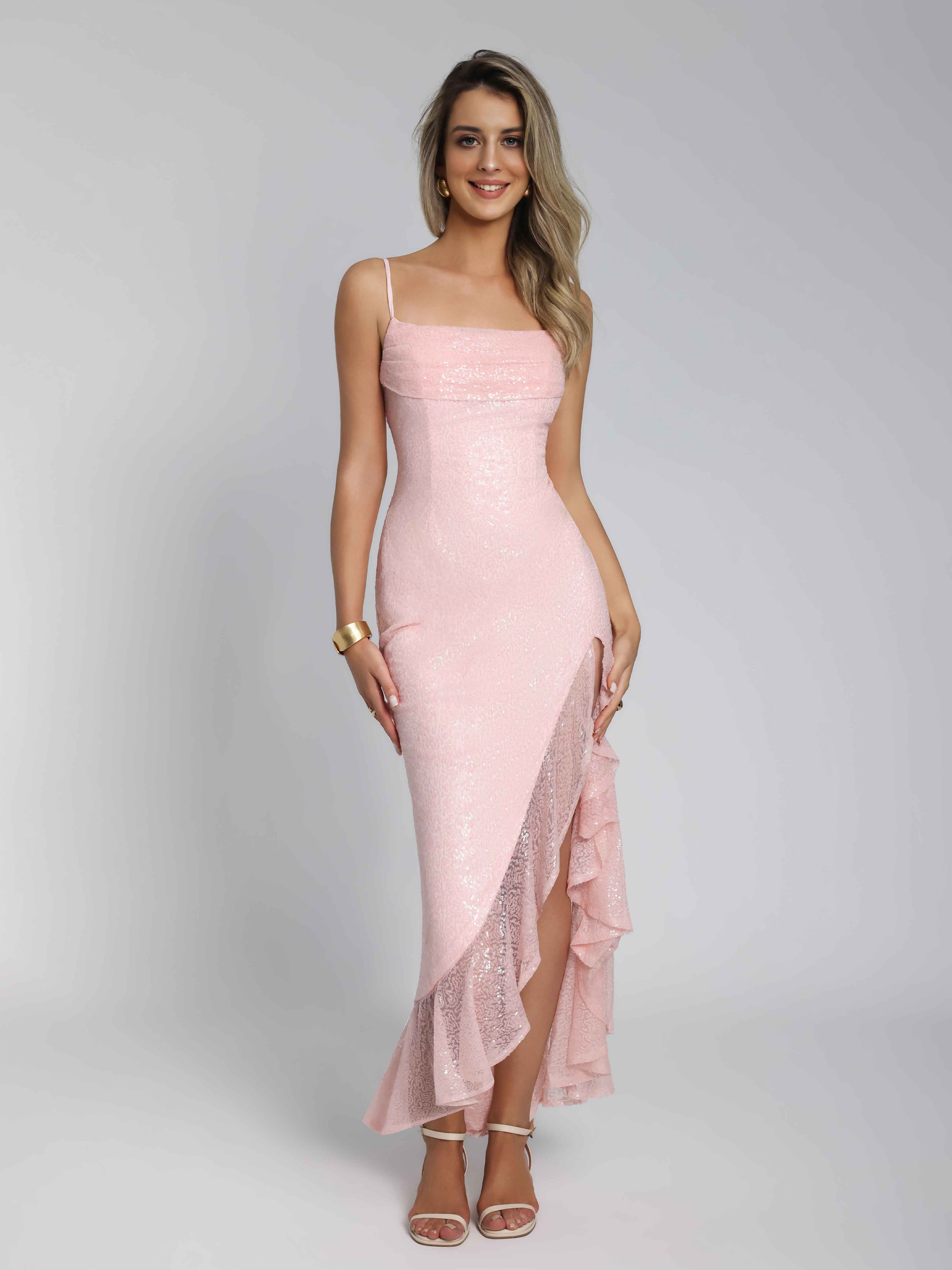 Aelithia Chic Spaghetti Straps Ruched Ruffles Slit Maxi Sequins Prom Dresses