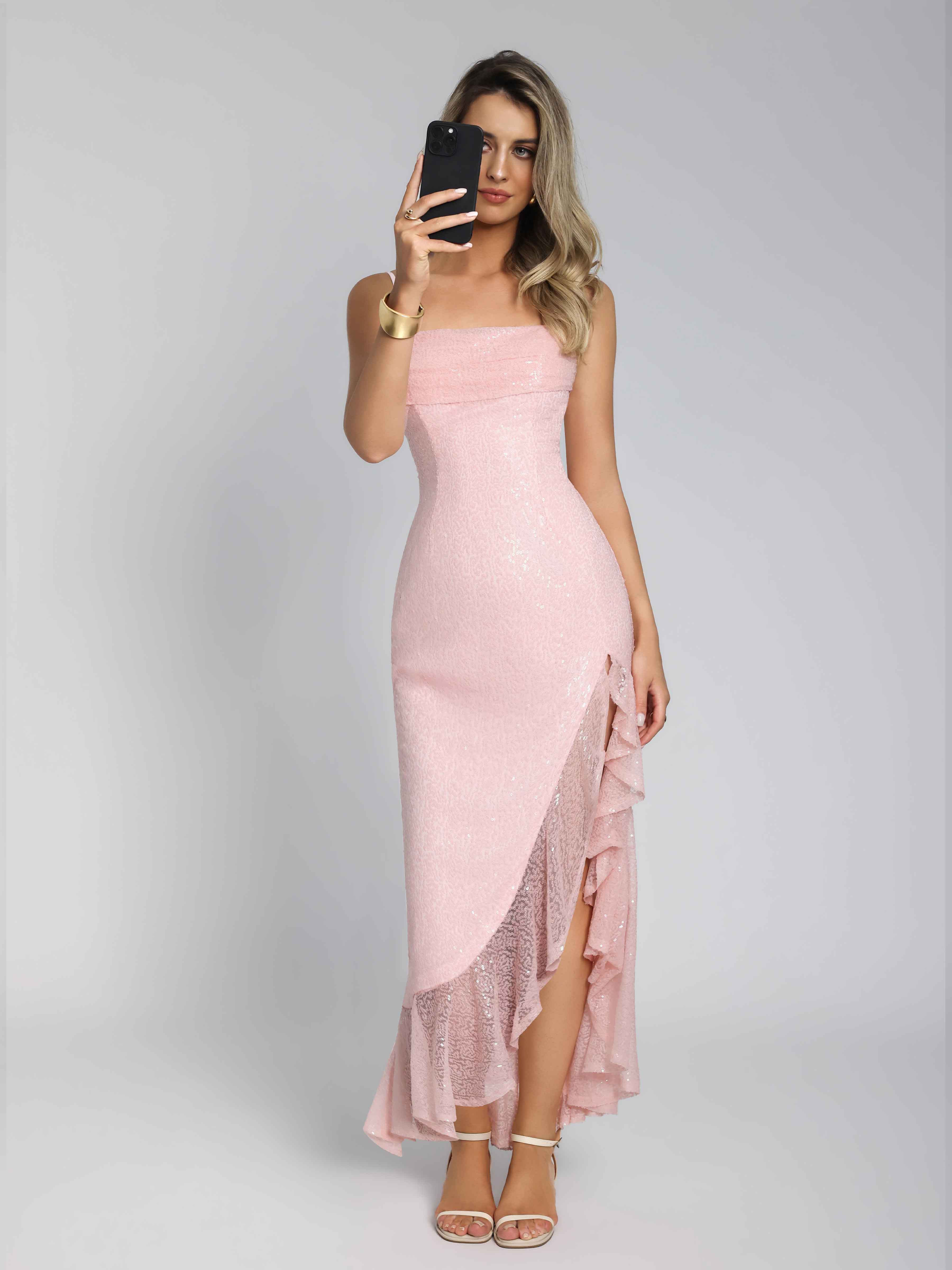 Aelithia Chic Spaghetti Straps Ruched Ruffles Slit Maxi Sequins Prom Dresses