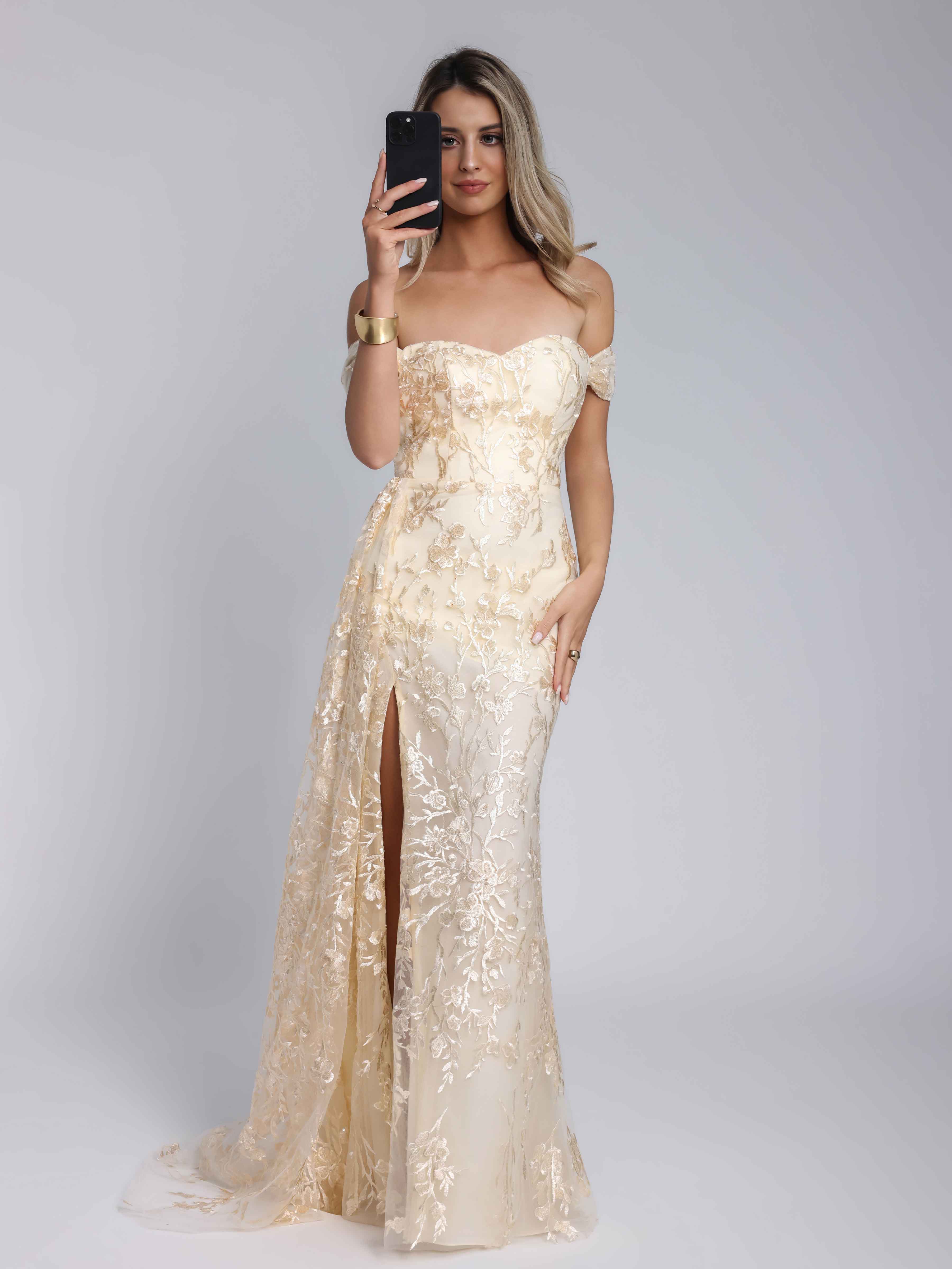 Caelithia Charming Off the Shoulder Appliques Chiffon Long Prom Dresses