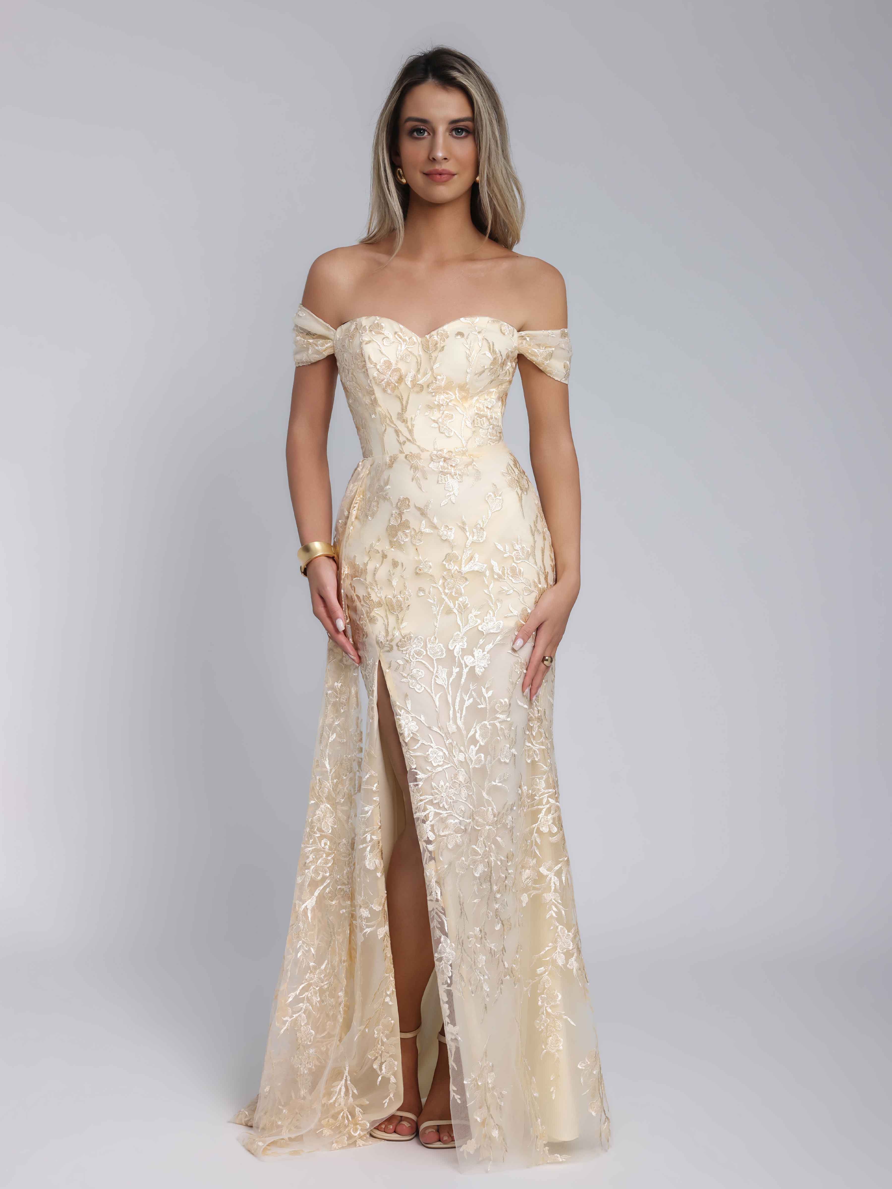 Caelithia Charming Off the Shoulder Appliques Chiffon Long Prom Dresses