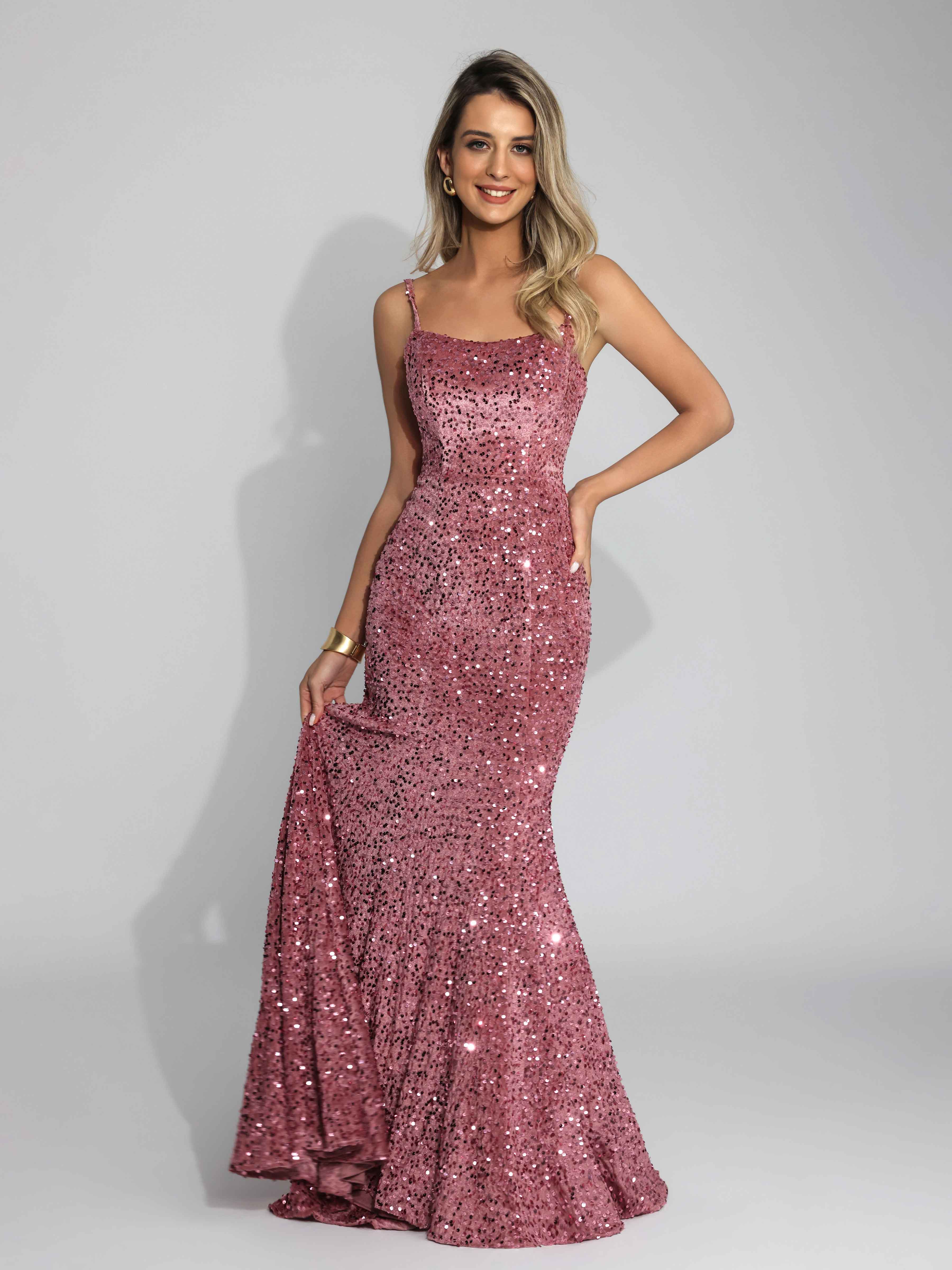 Draelithia Fashionable Spaghetti Straps Velvet Sequins Long Prom Dresses