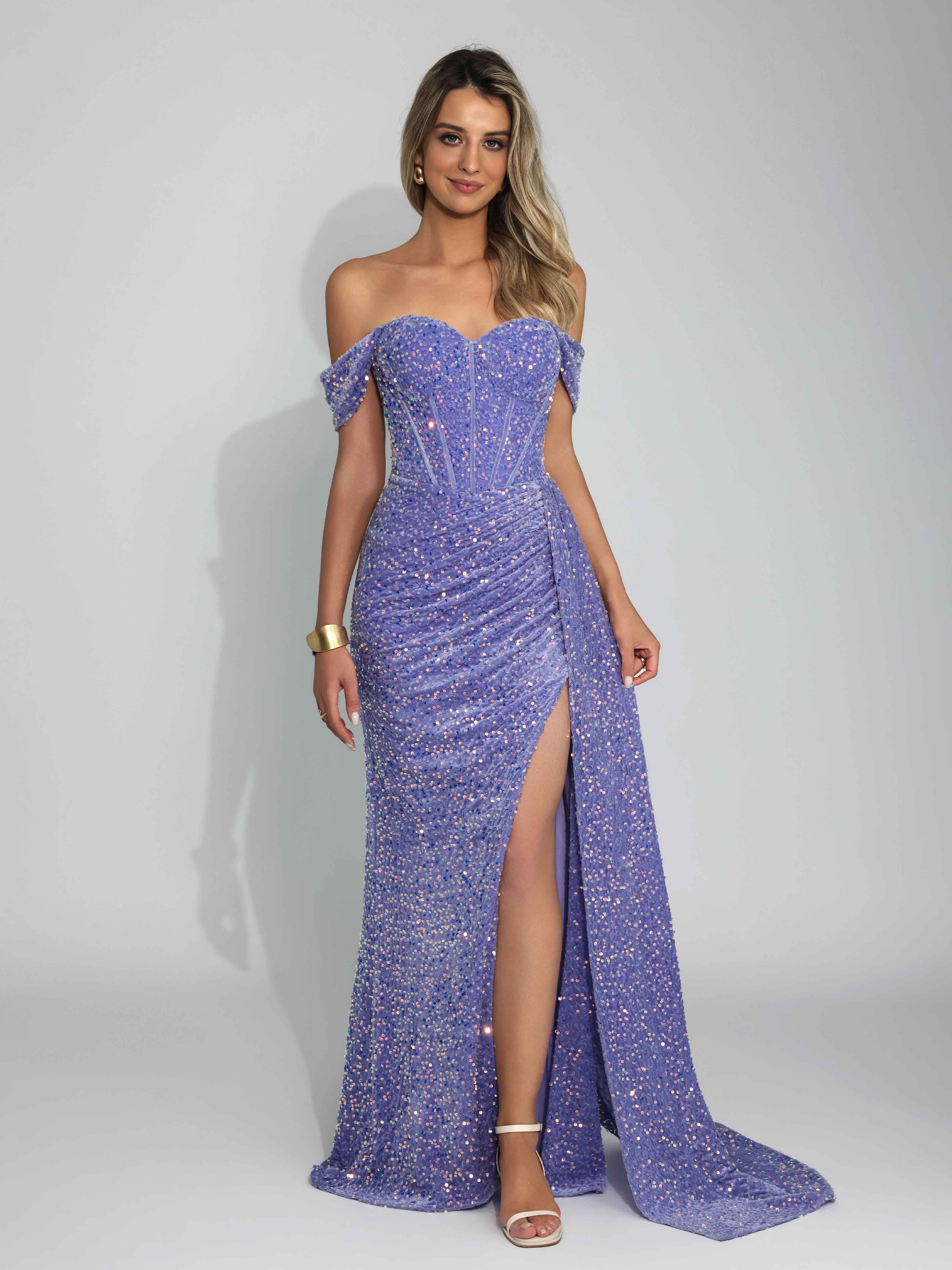 Iraelithia Sweetheart Off the Shoulder Pleated Velvet Sequins Long Prom Dresses