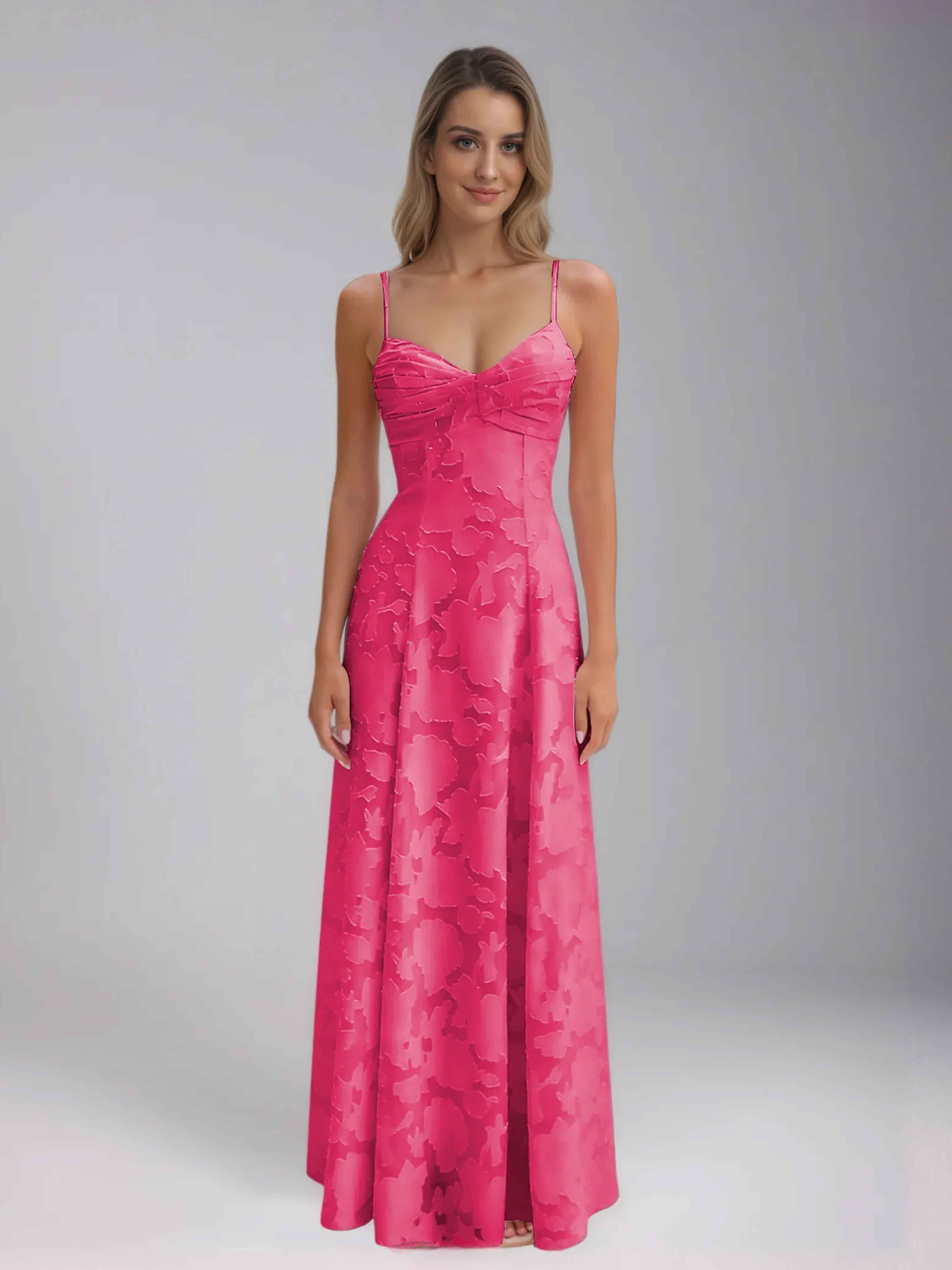 Jaelithia Gorgeous A-Line Spaghetti Straps Pleated Long Jacquard Prom Dresses