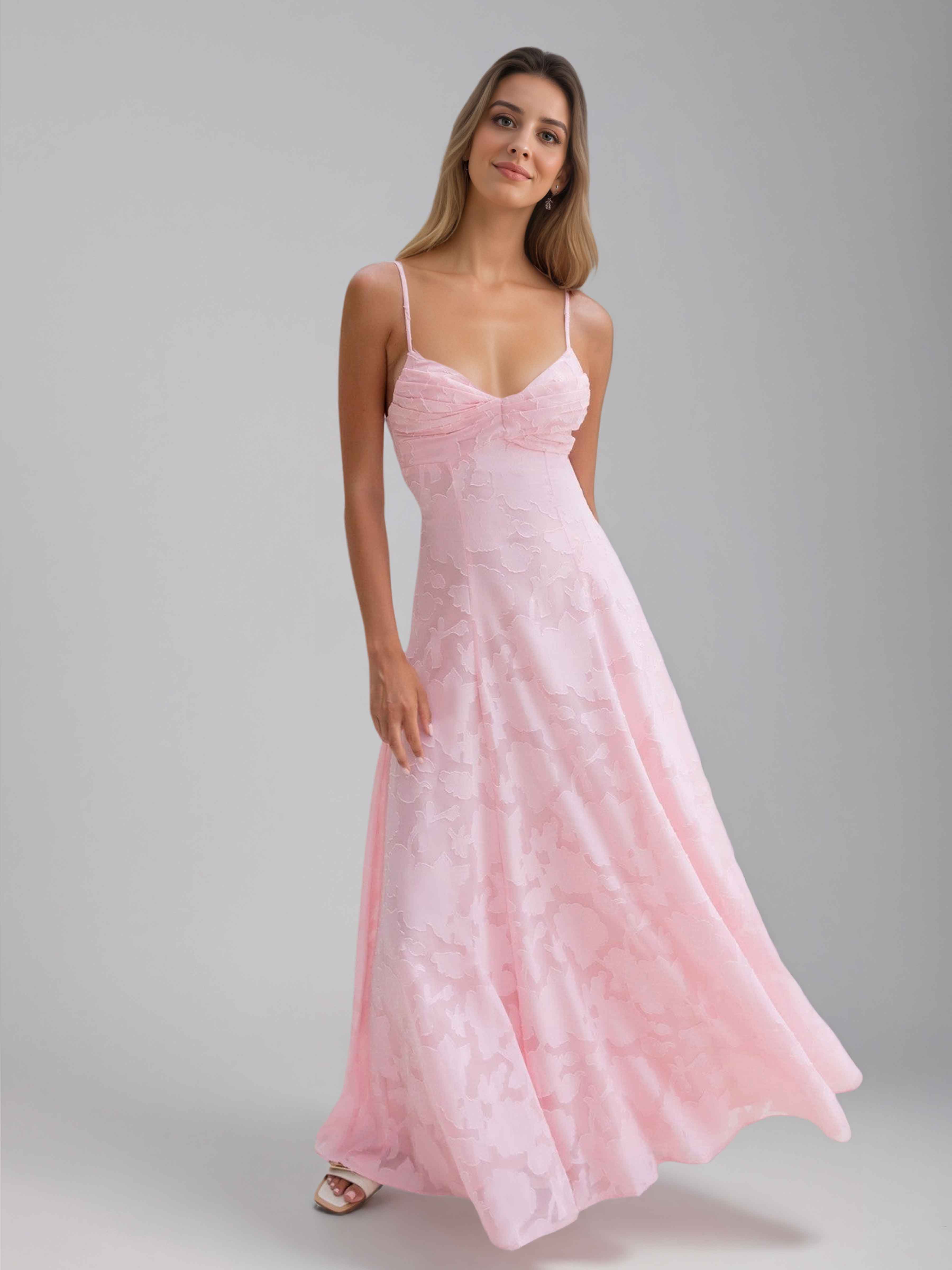 Jaelithia Gorgeous A-Line Spaghetti Straps Pleated Long Jacquard Prom Dresses