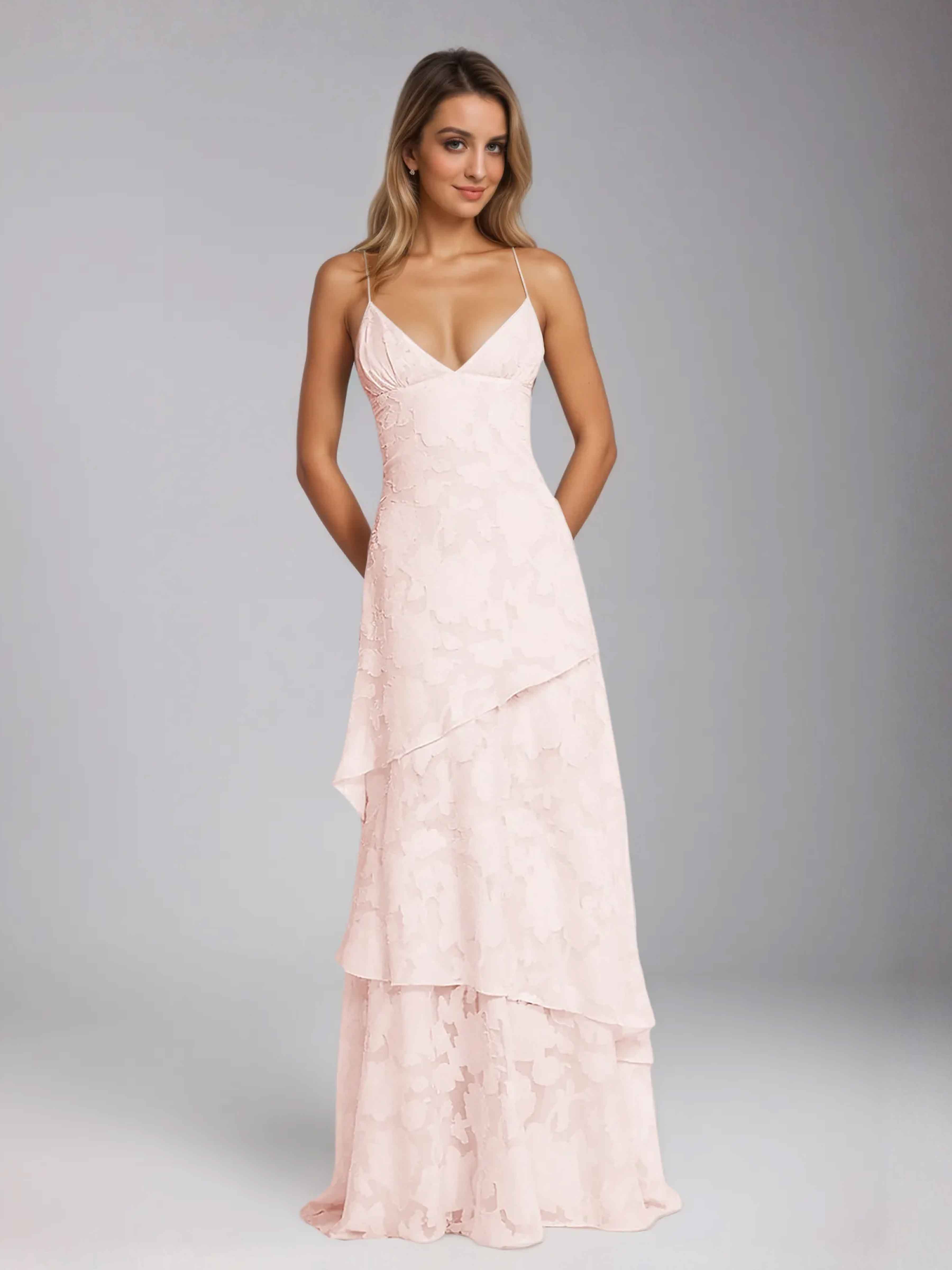 Kaelithia Trendy Spaghetti Straps A-Line Tiered Long Jacquard Prom Dresses