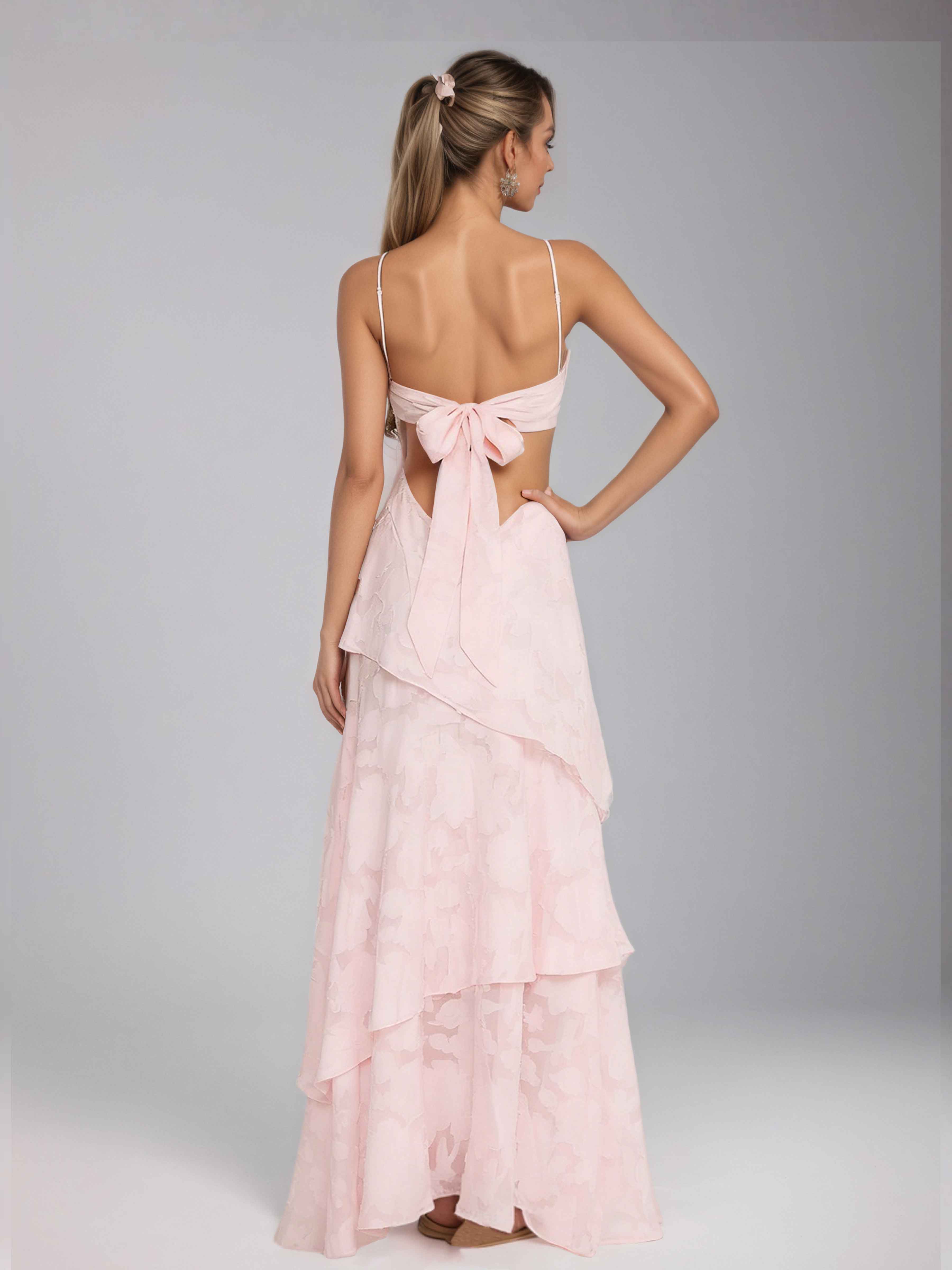 Kaelithia Trendy Spaghetti Straps A-Line Tiered Long Jacquard Prom Dresses