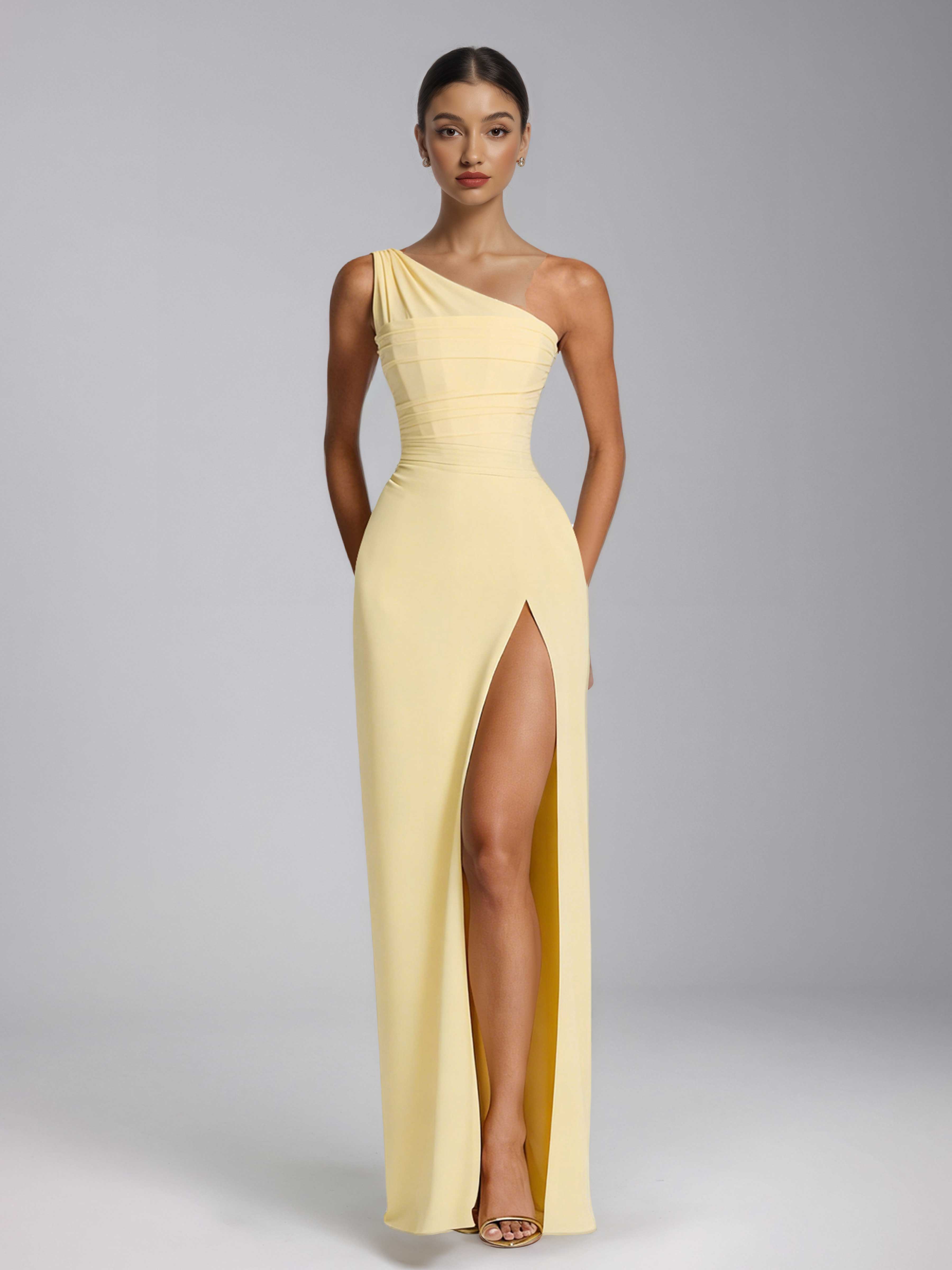 Laelithia Gorgeous One Shoulder Ruched Slit Long Prom Dresses