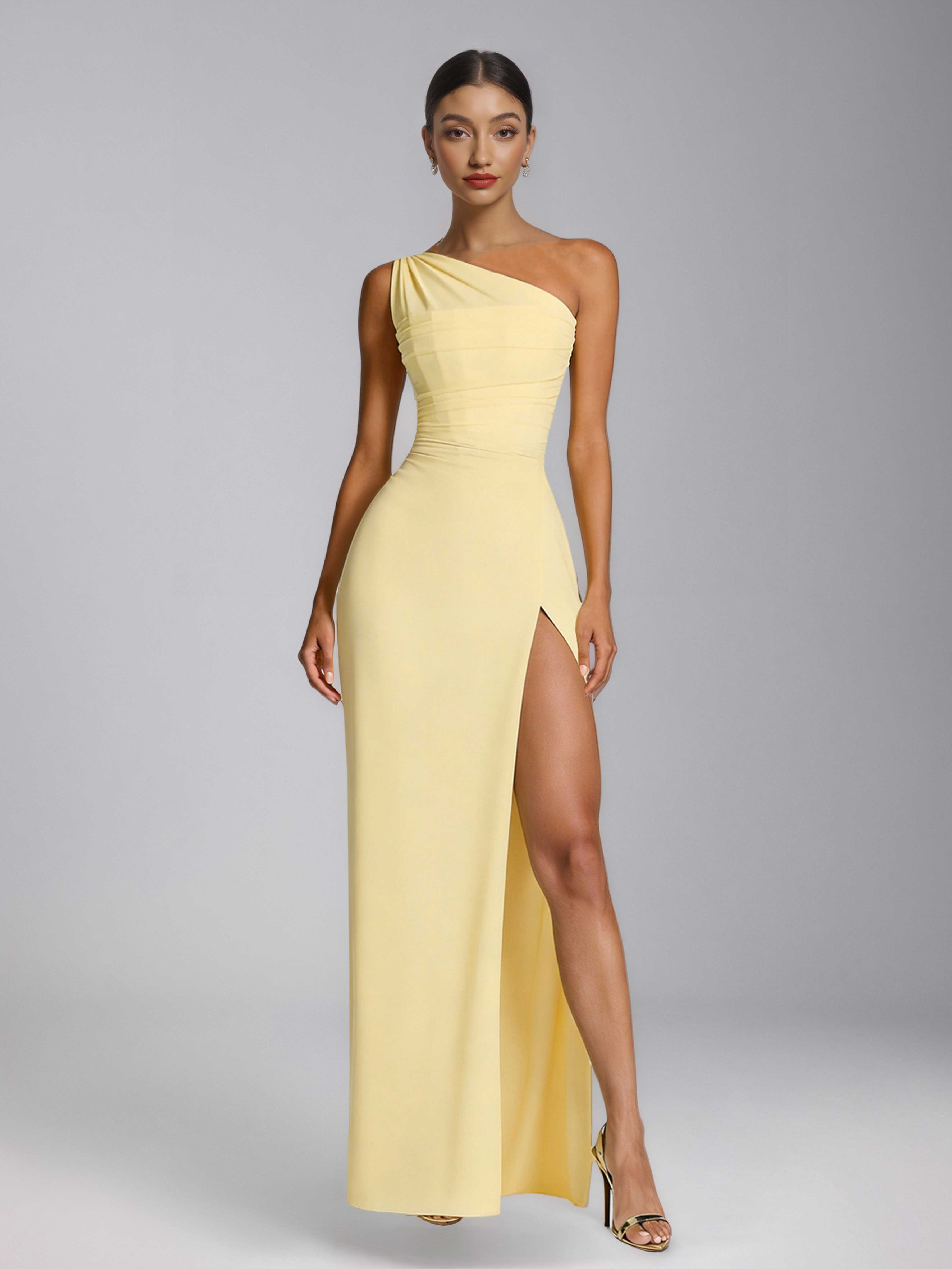 Laelithia Gorgeous One Shoulder Ruched Slit Long Prom Dresses