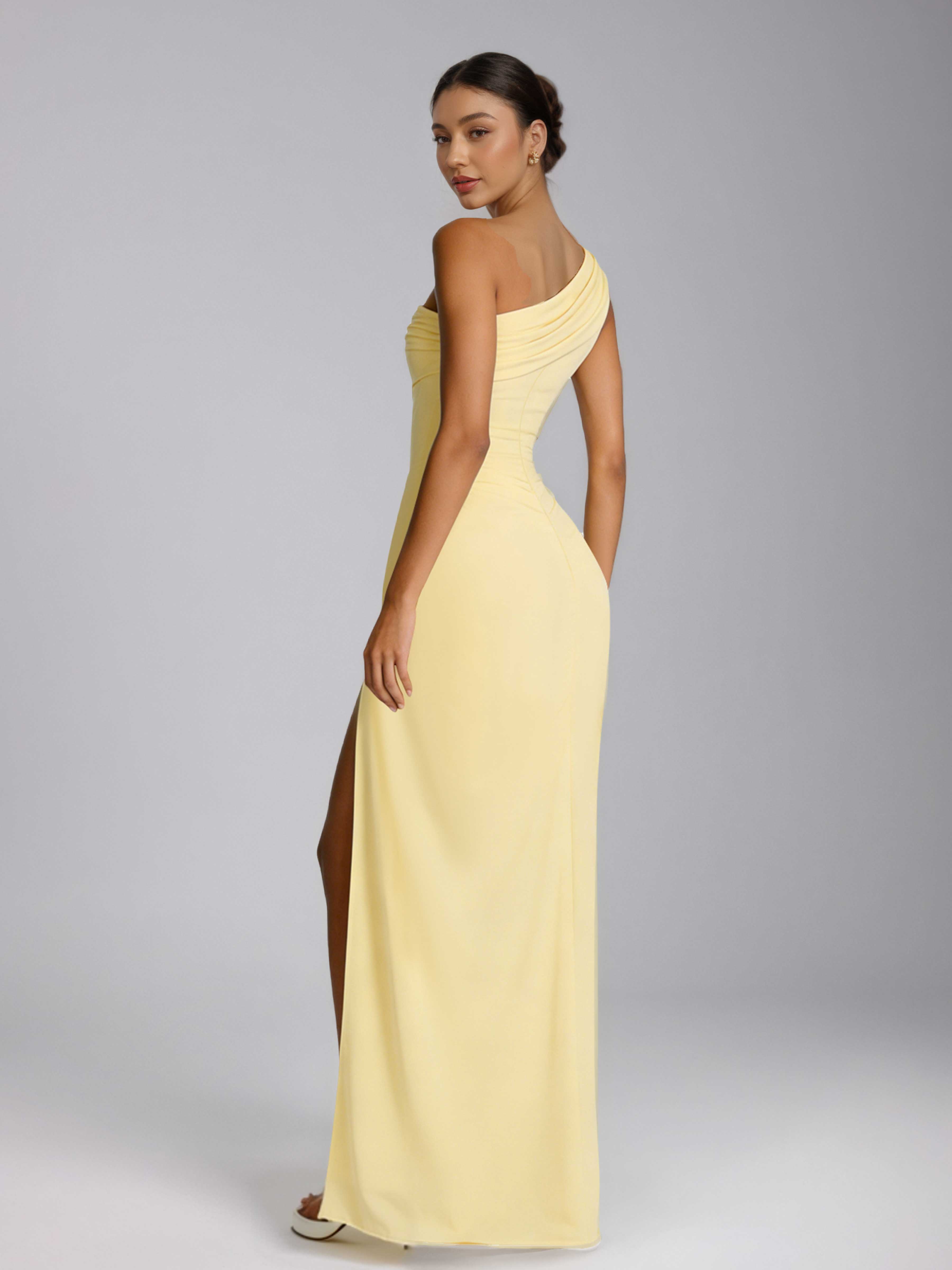 Laelithia Gorgeous One Shoulder Ruched Slit Long Prom Dresses