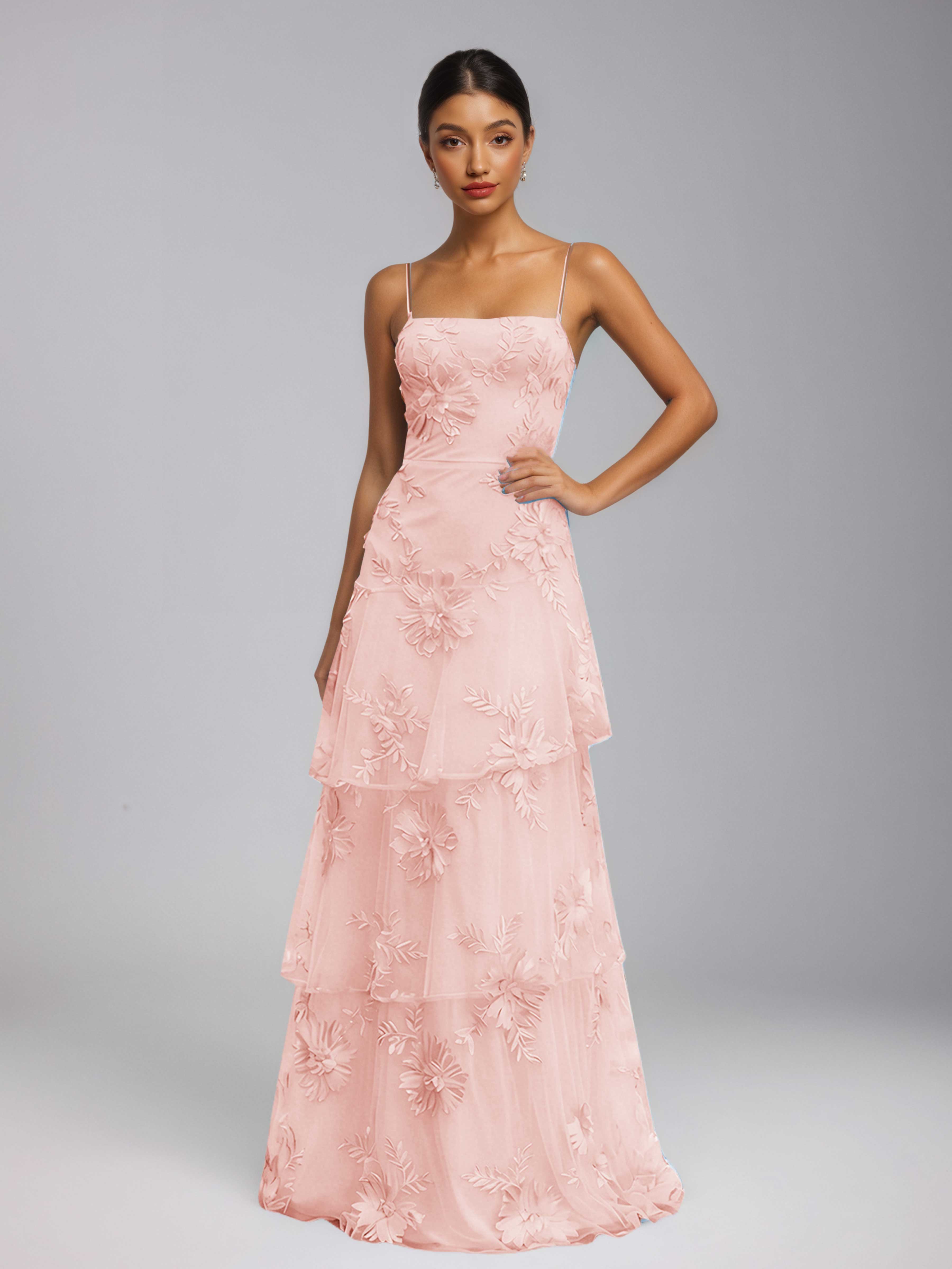 Praelithia Spaghetti Straps Floral Ribbon Appliques Long Prom Dresses