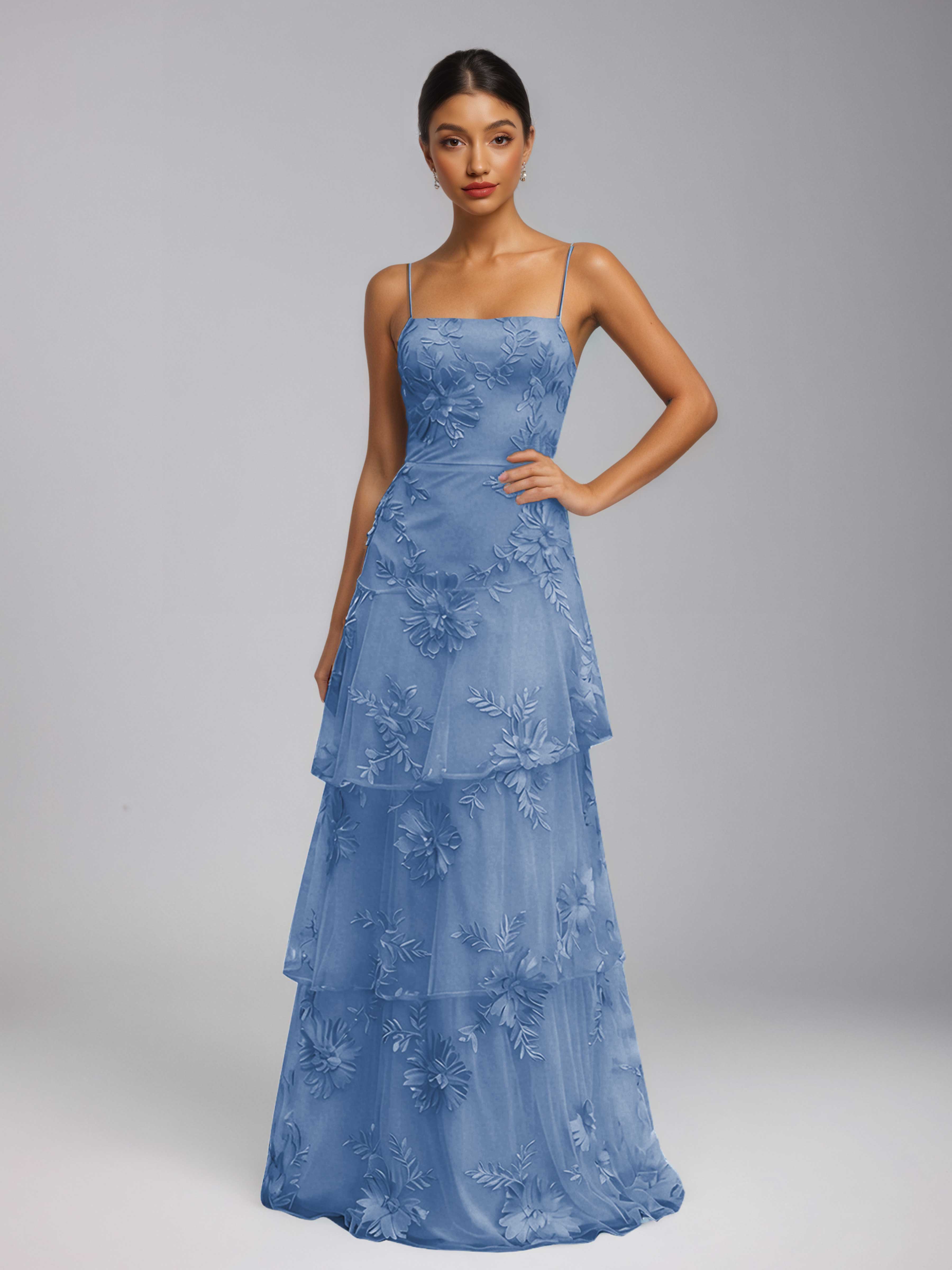 Praelithia Spaghetti Straps Floral Ribbon Appliques Long Prom Dresses