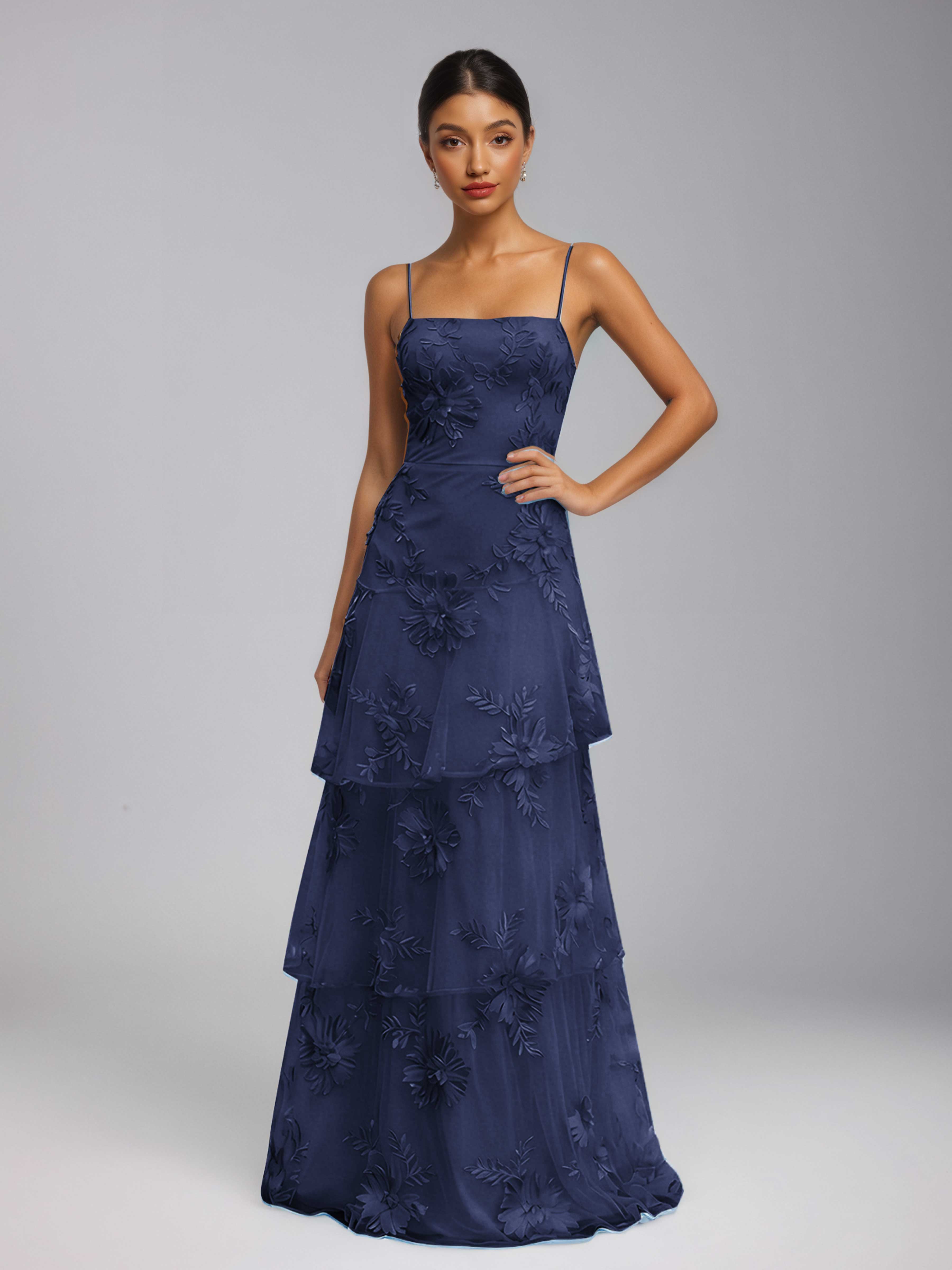 Praelithia Spaghetti Straps Floral Ribbon Appliques Long Prom Dresses