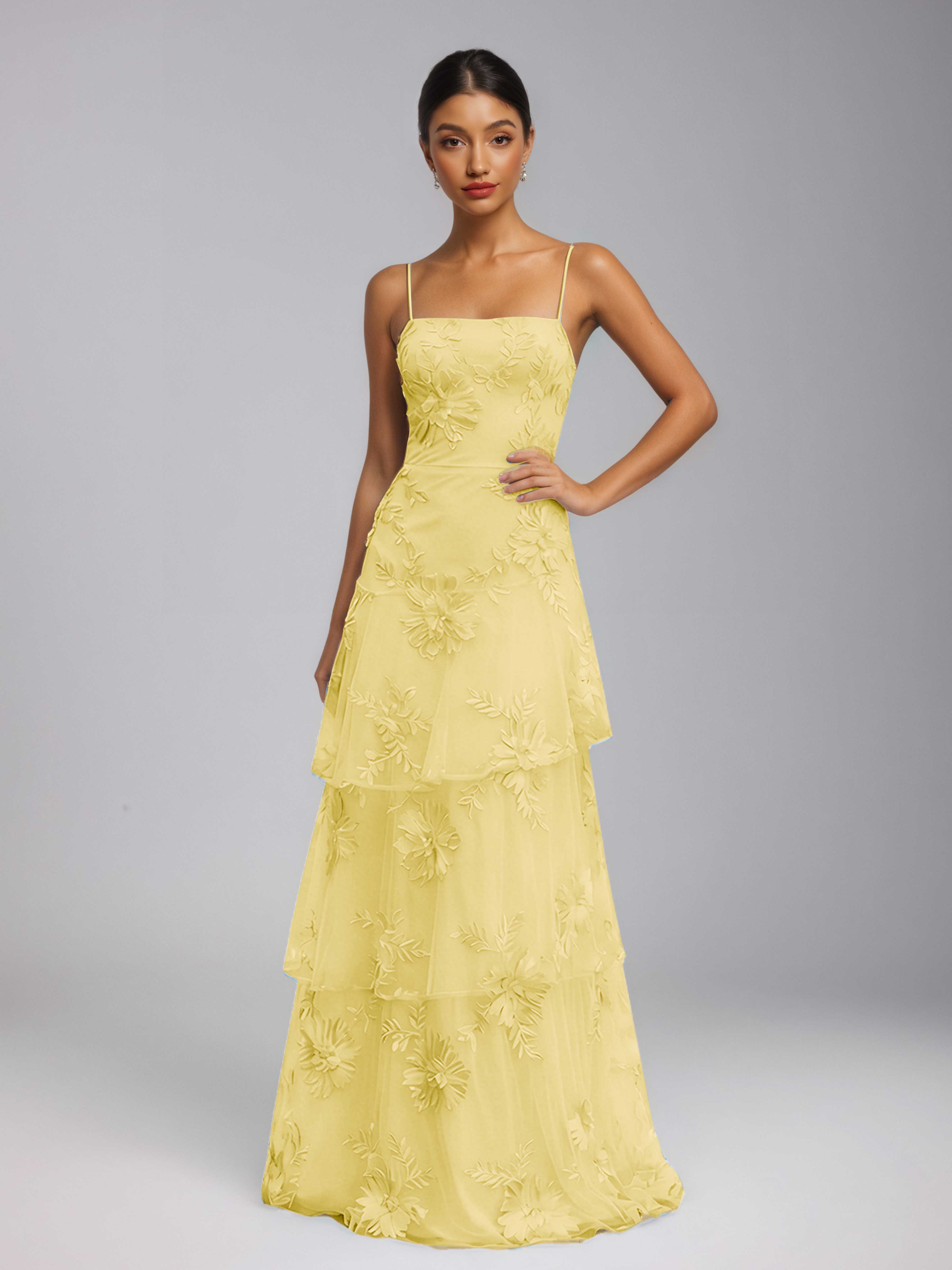 Praelithia Spaghetti Straps Floral Ribbon Appliques Long Prom Dresses