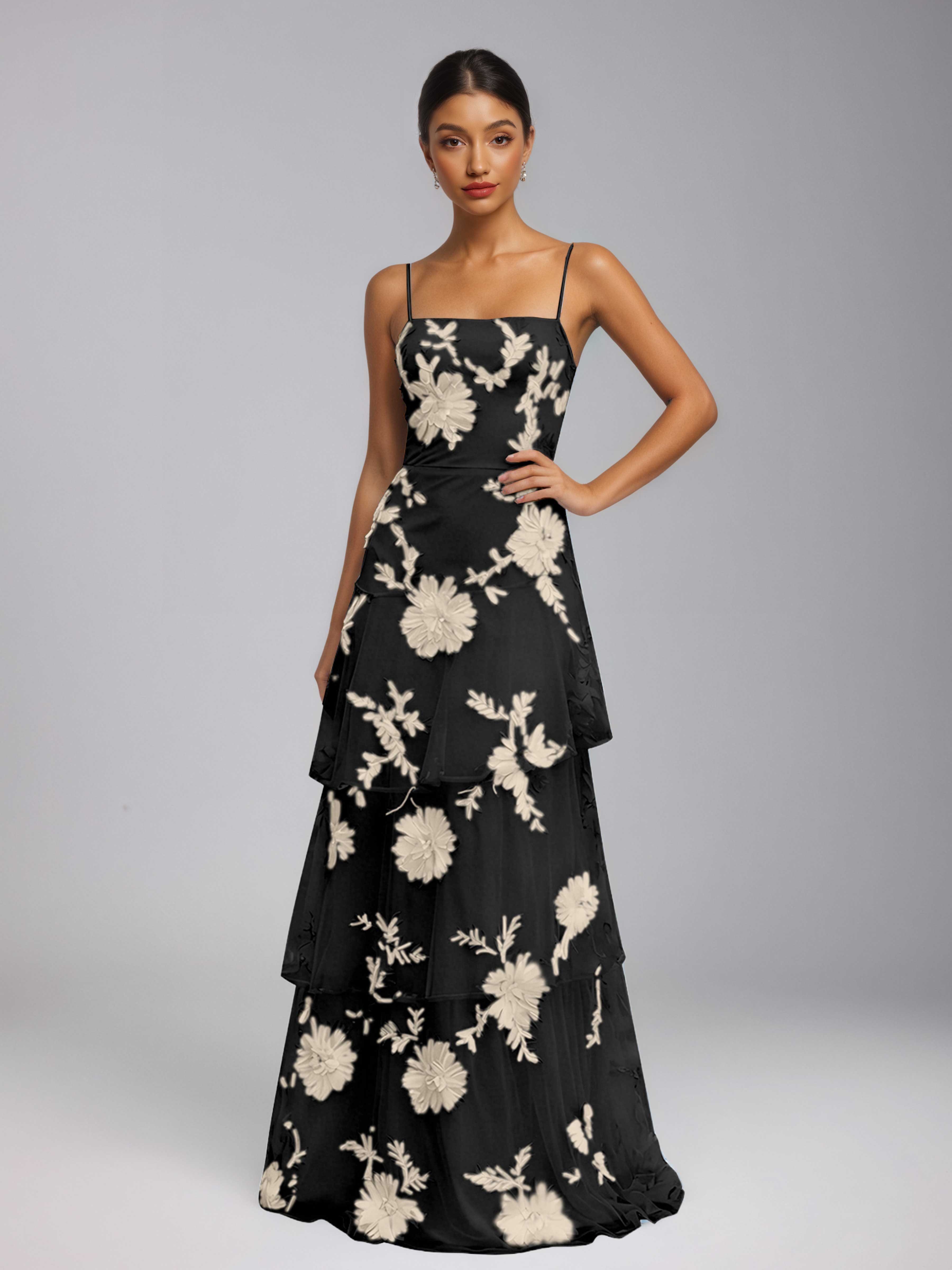 Praelithia Spaghetti Straps Floral Ribbon Appliques Long Prom Dresses