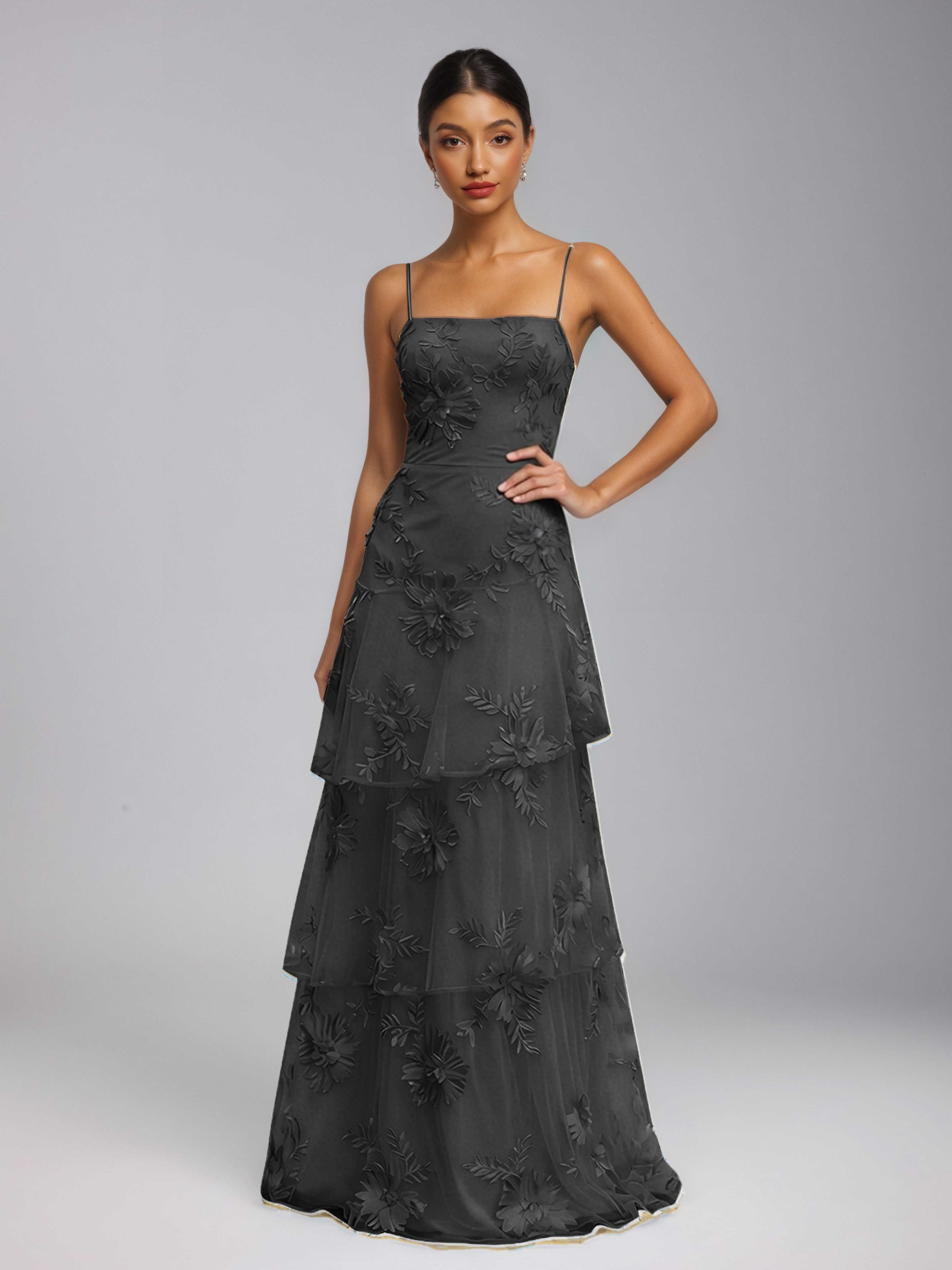 Praelithia Spaghetti Straps Floral Ribbon Appliques Long Prom Dresses