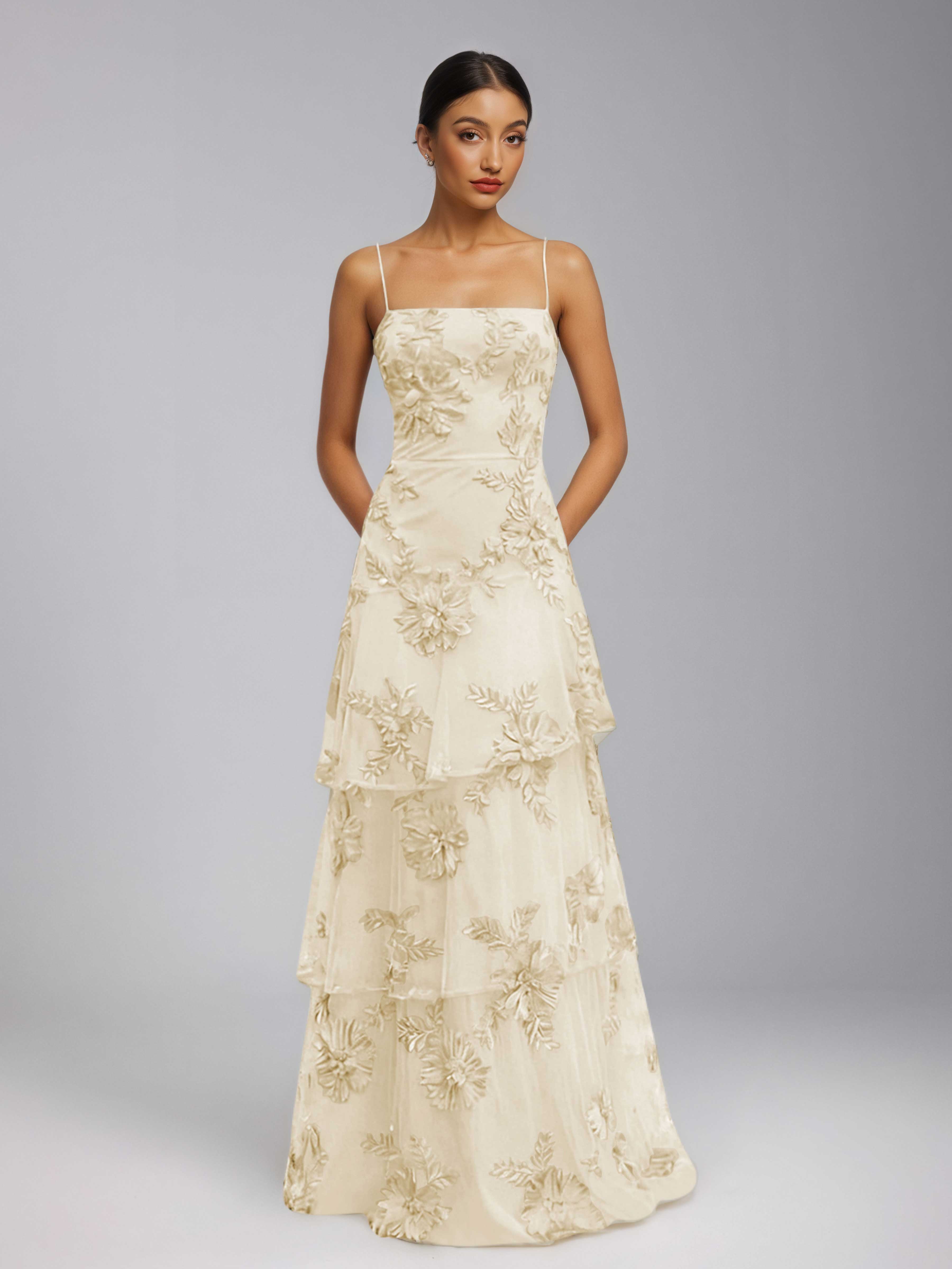 Praelithia Spaghetti Straps Floral Ribbon Appliques Long Prom Dresses