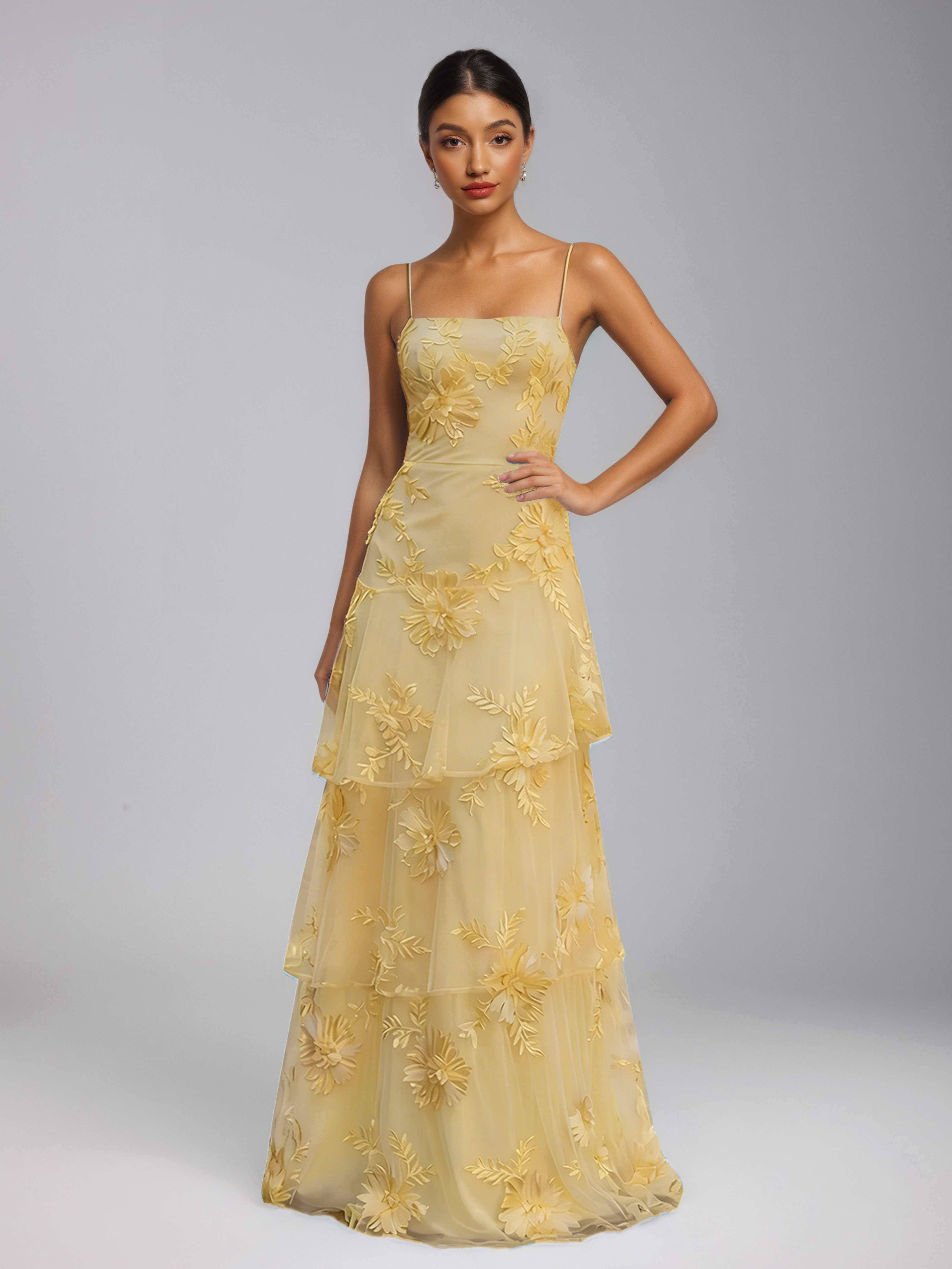 Praelithia Spaghetti Straps Floral Ribbon Appliques Long Prom Dresses