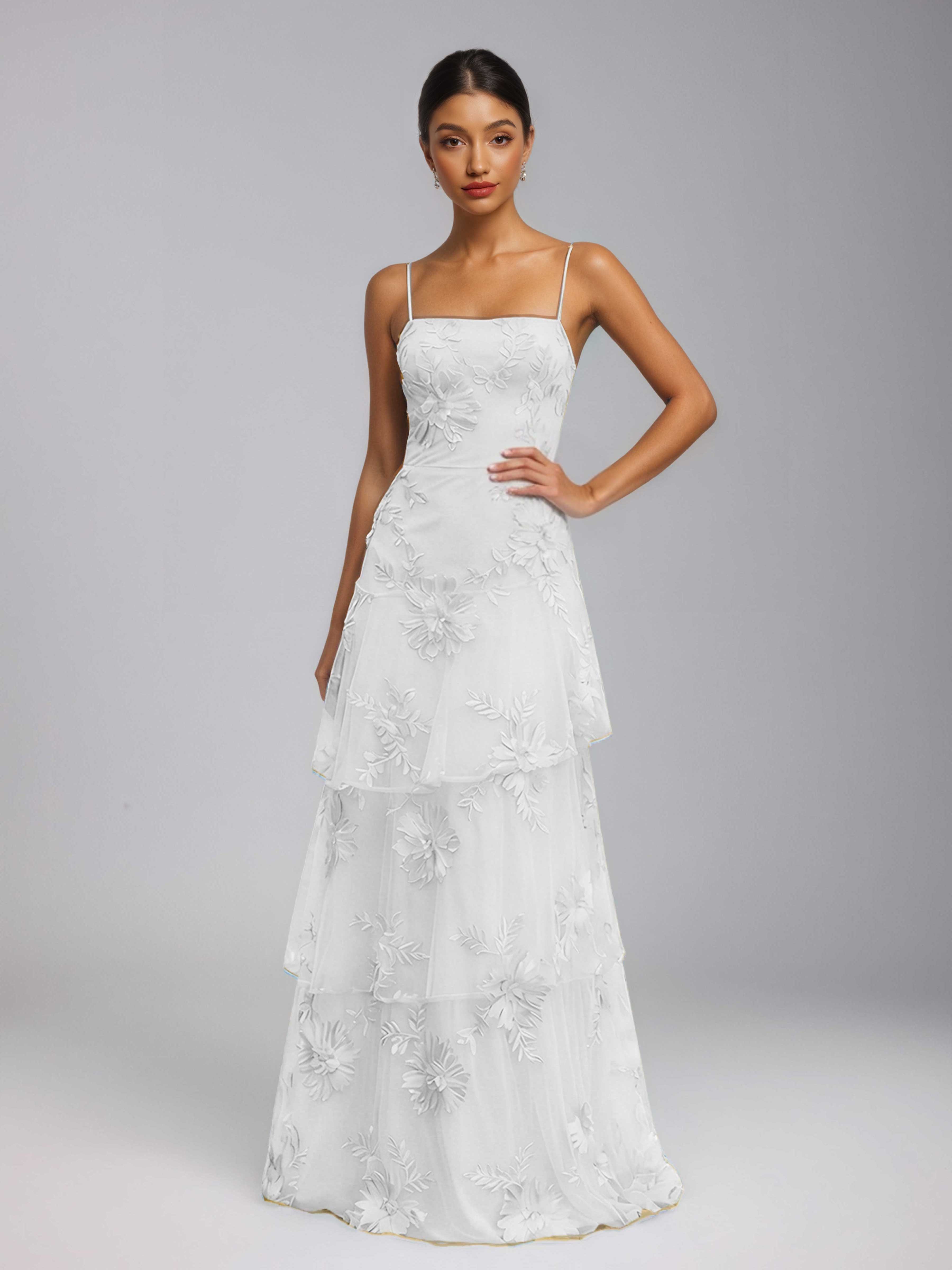 Praelithia Spaghetti Straps Floral Ribbon Appliques Long Prom Dresses