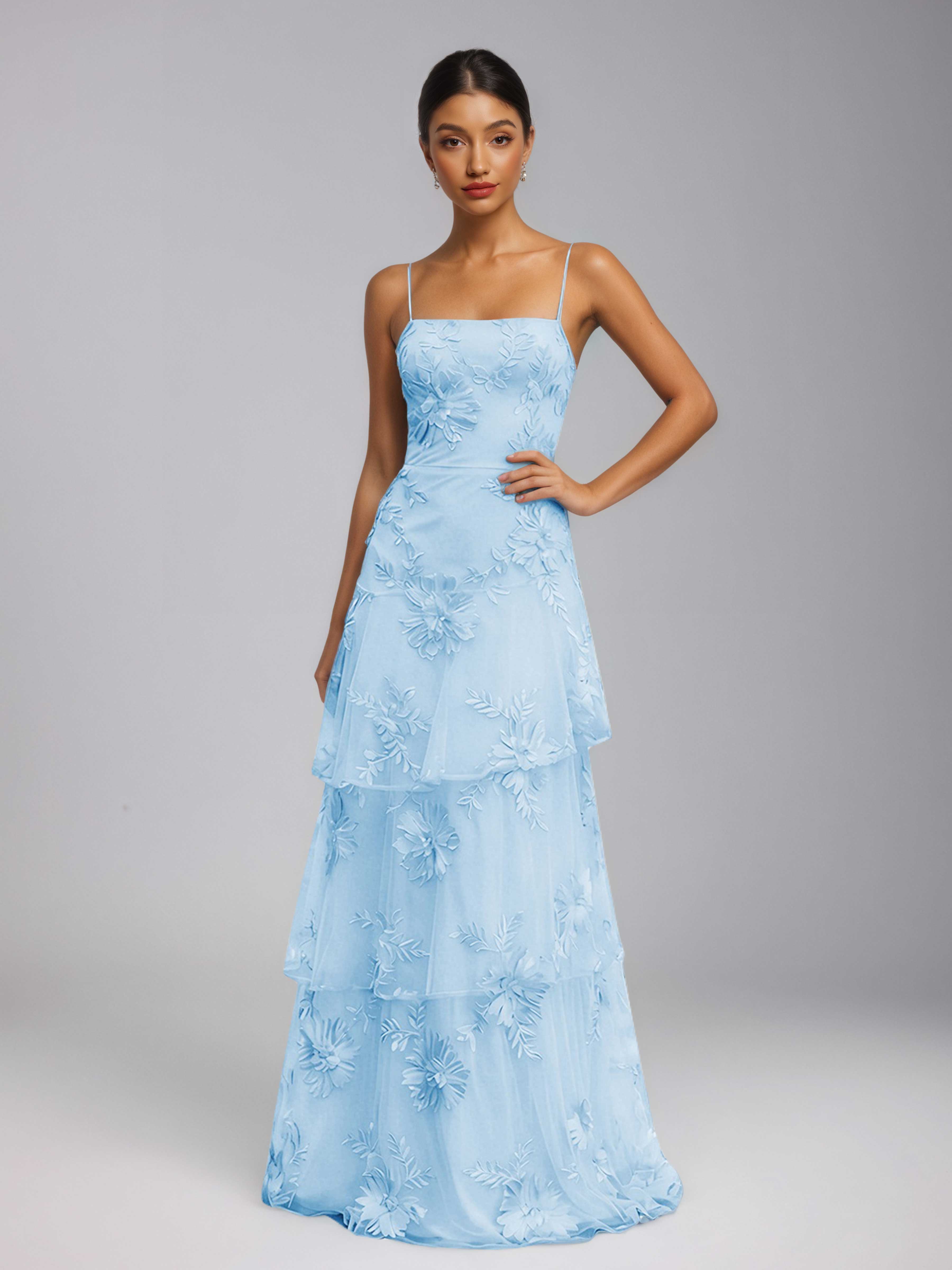 Praelithia Spaghetti Straps Floral Ribbon Appliques Long Prom Dresses