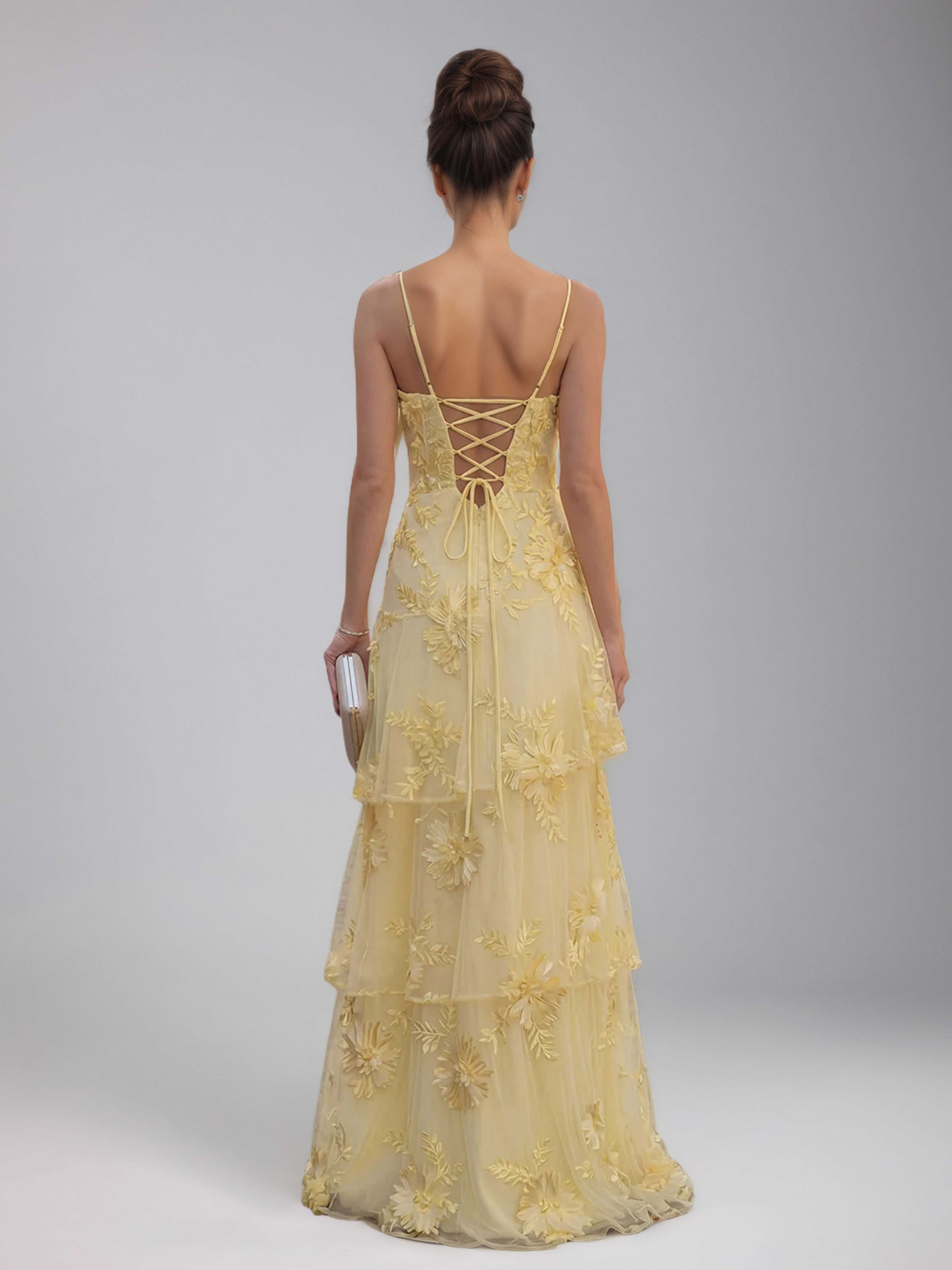 Praelithia Spaghetti Straps Floral Ribbon Appliques Long Prom Dresses