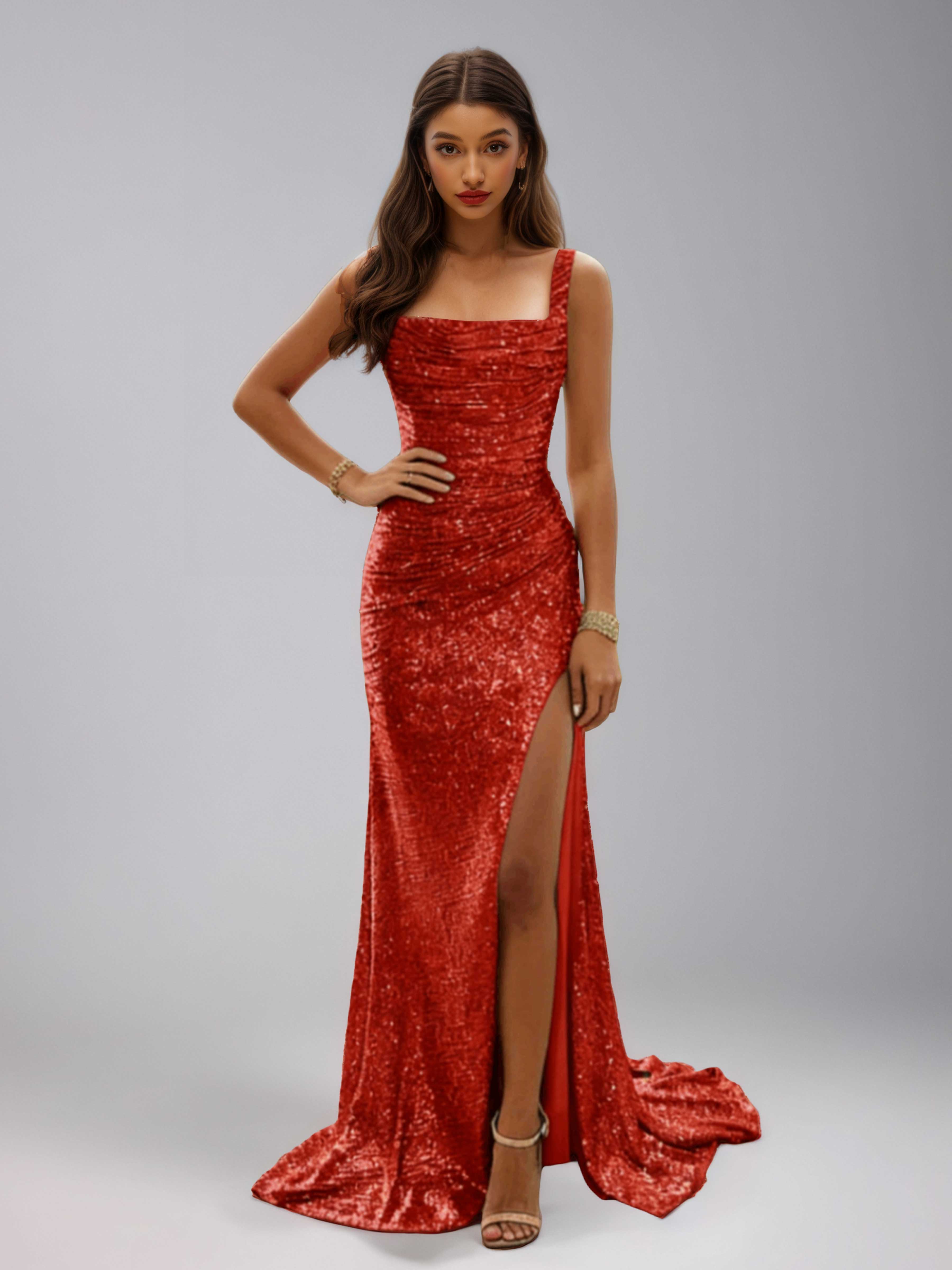 Qaelithia Stunning Square Ruched Slit Long Sequins Prom Dresses