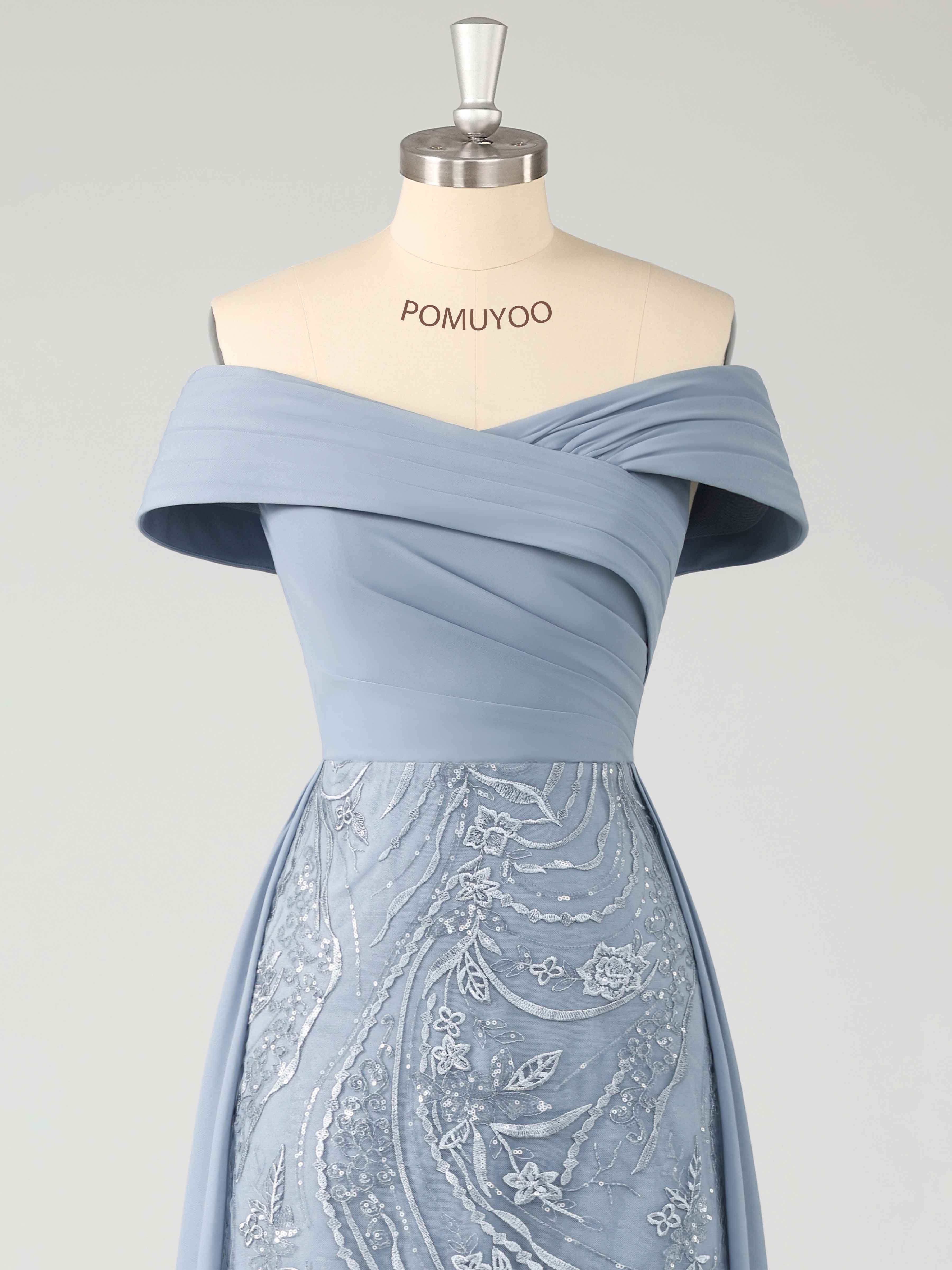 Braelithris Graceful Off the Shoulder Pleated Long Lace Chiffon Mother of the Bride Dresses