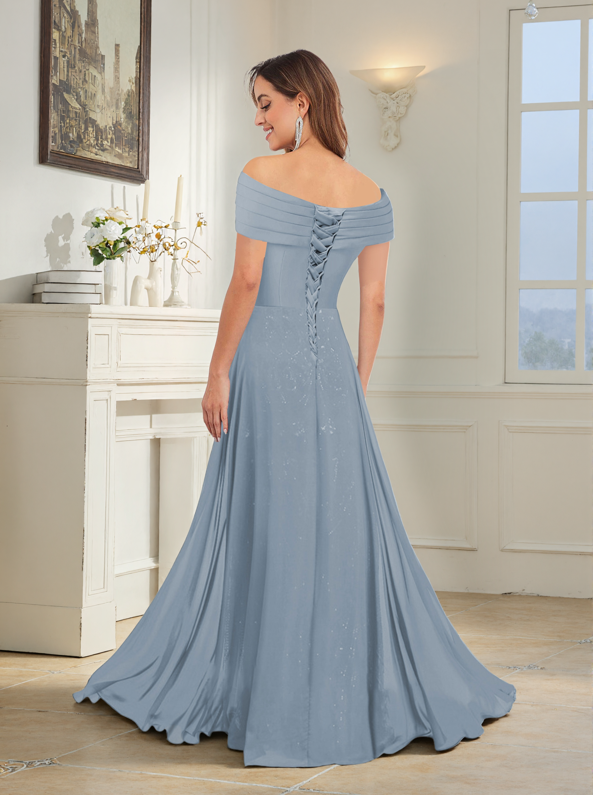 Braelithris Graceful Off the Shoulder Pleated Long Lace Chiffon Mother of the Bride Dresses