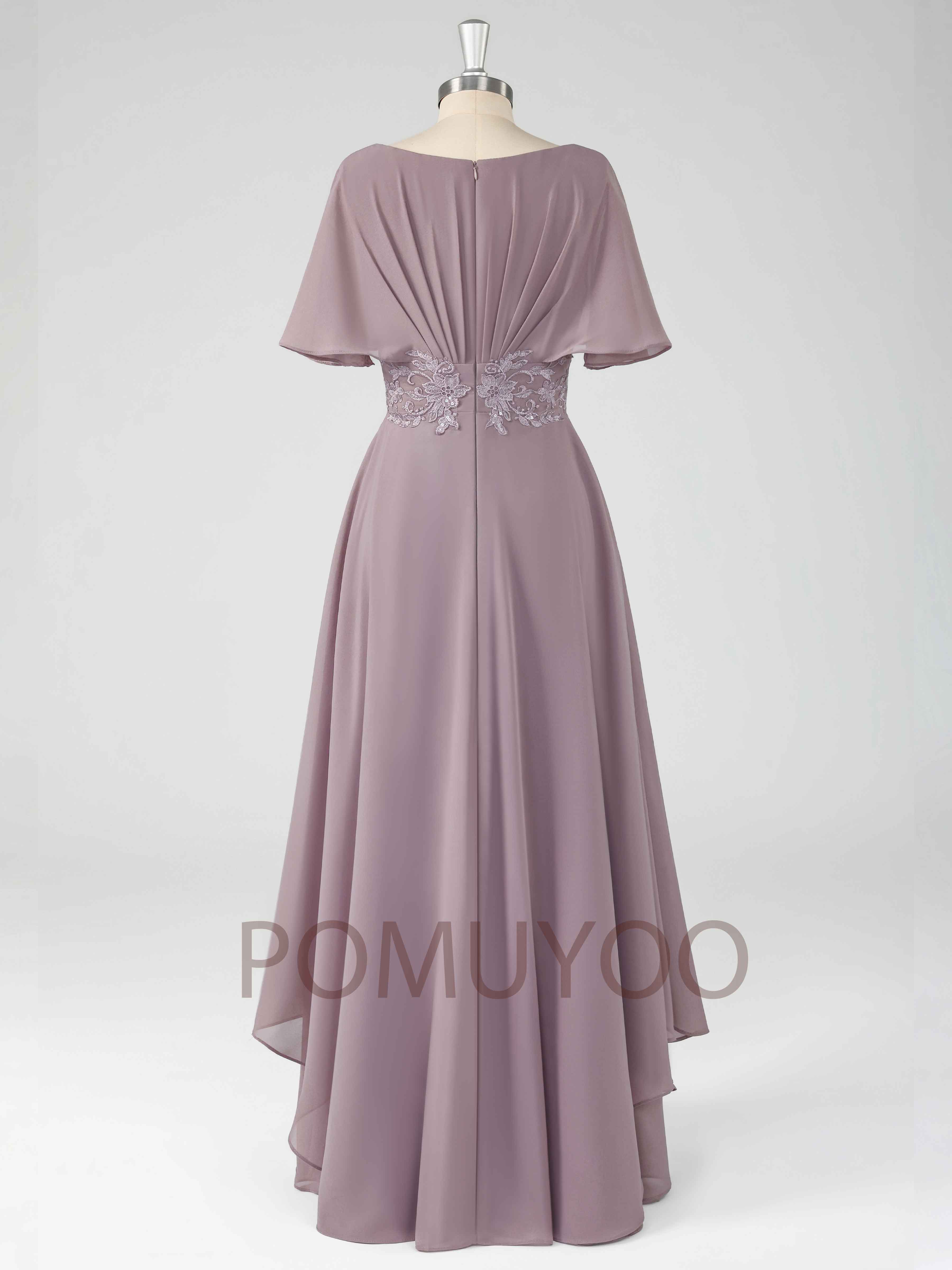 Elythris Modest A-Line Short Sleeves Appliques Long Chiffon Mother of the Bride & Groom Dresses