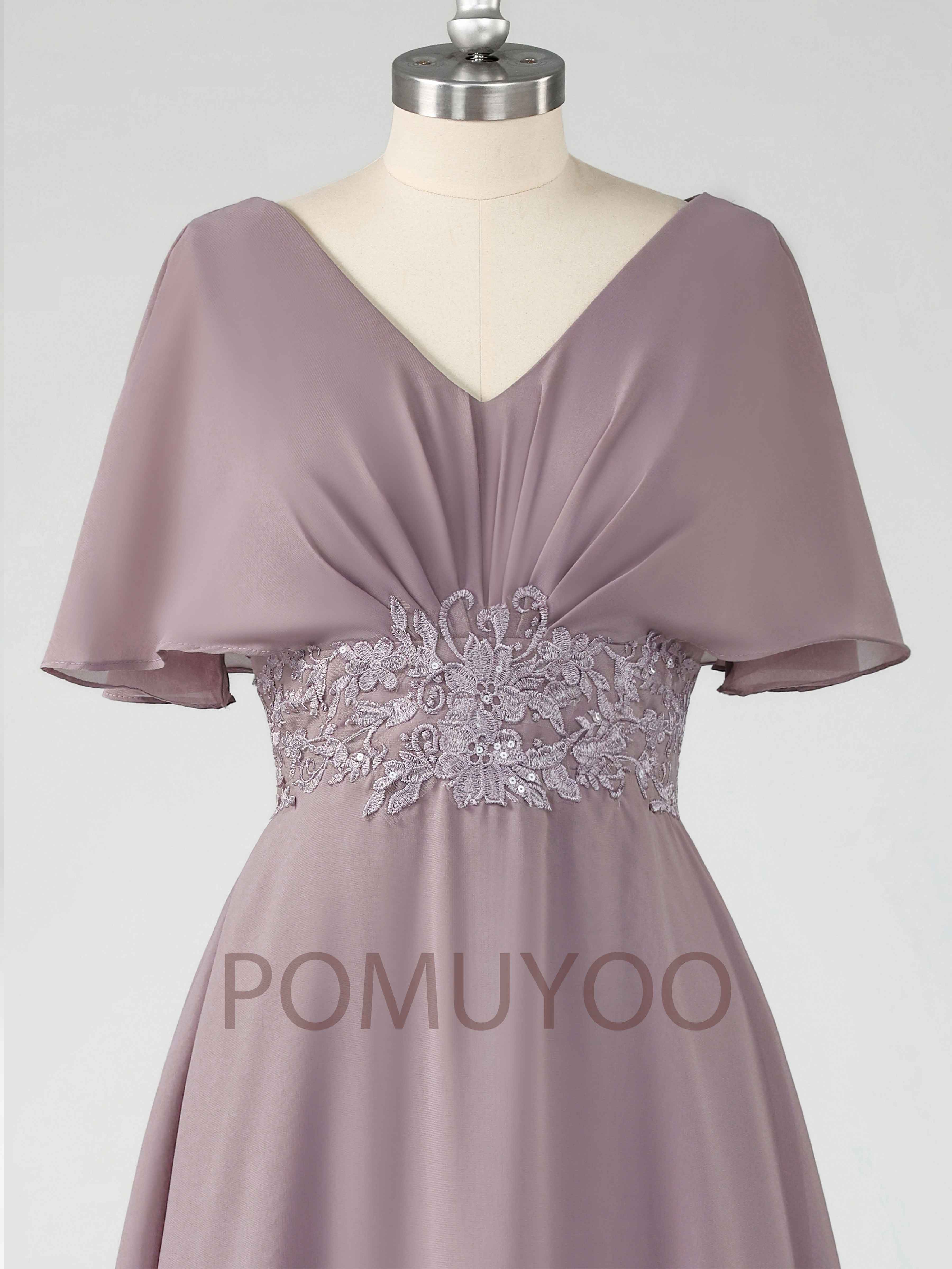 Elythris Modest A-Line Short Sleeves Appliques Long Chiffon Mother of the Bride & Groom Dresses