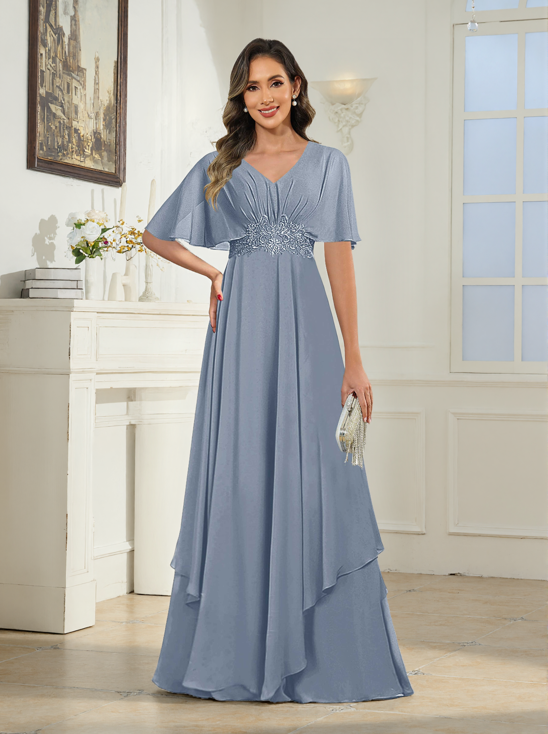 Elythris Modest A-Line Short Sleeves Appliques Long Chiffon Mother of the Bride & Groom Dresses