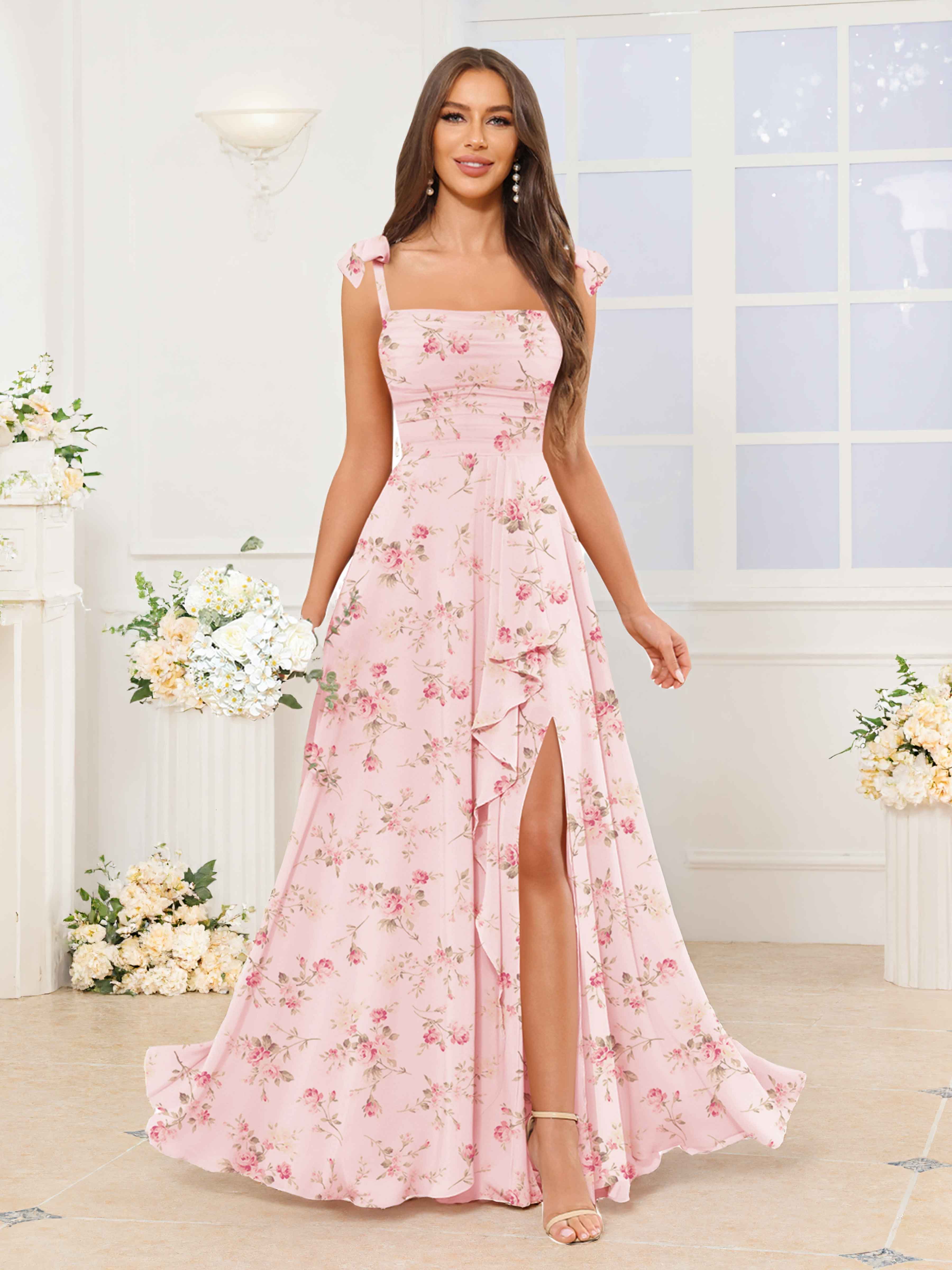 Enchanting A-Line Square Pleated Slit Long Floral Print Chiffon Bridesmaid Dresses with Pockets