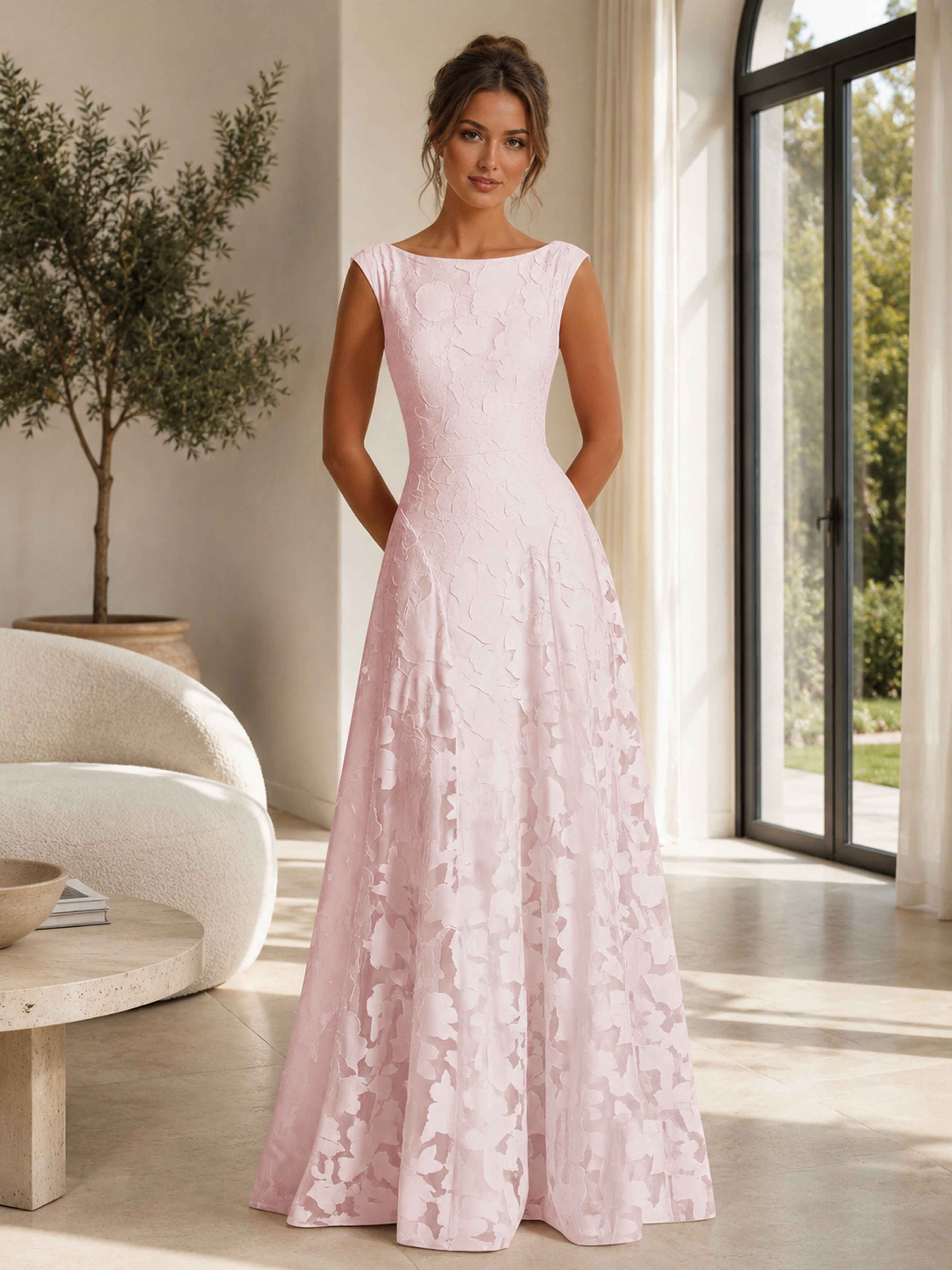 Laelithris Unique Scoop A-Line Long Jacquard Party Dresses