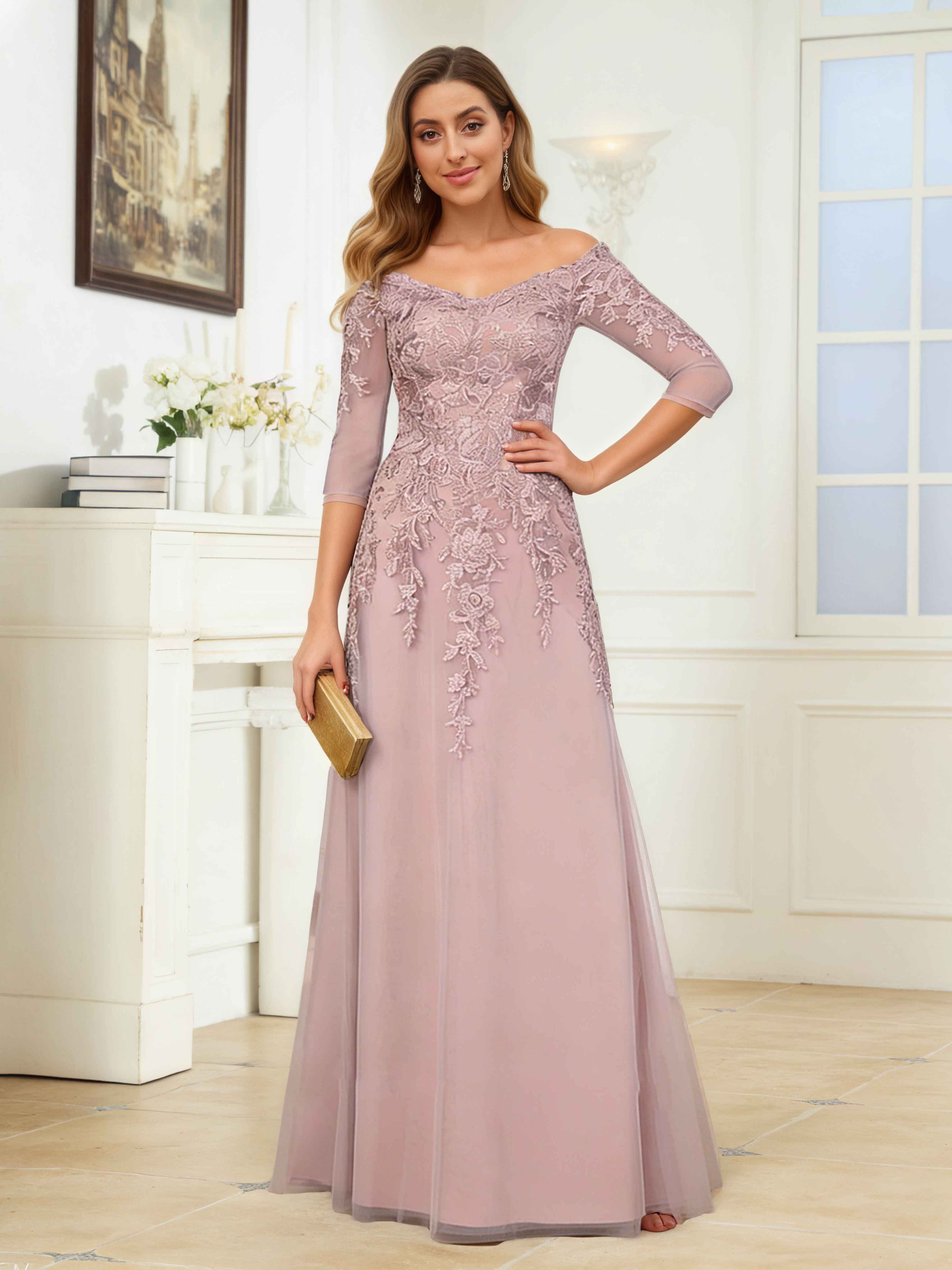 Mraelithris Enchanting Off the Shoulder Lace Appliques Floor Length Chiffon Mother of the Bride Dresses