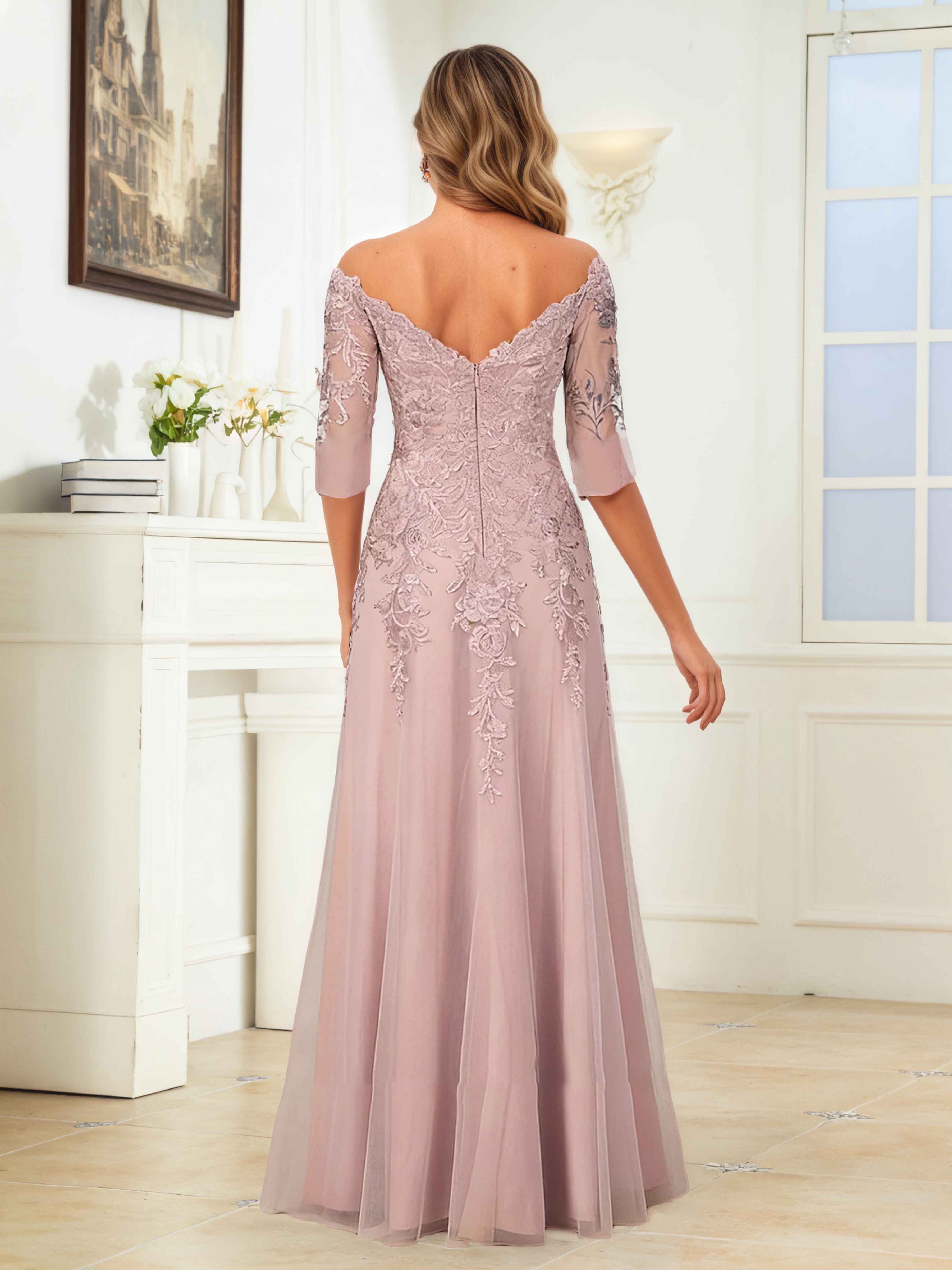 Mraelithris Enchanting Off the Shoulder Lace Appliques Floor Length Chiffon Mother of the Bride Dresses
