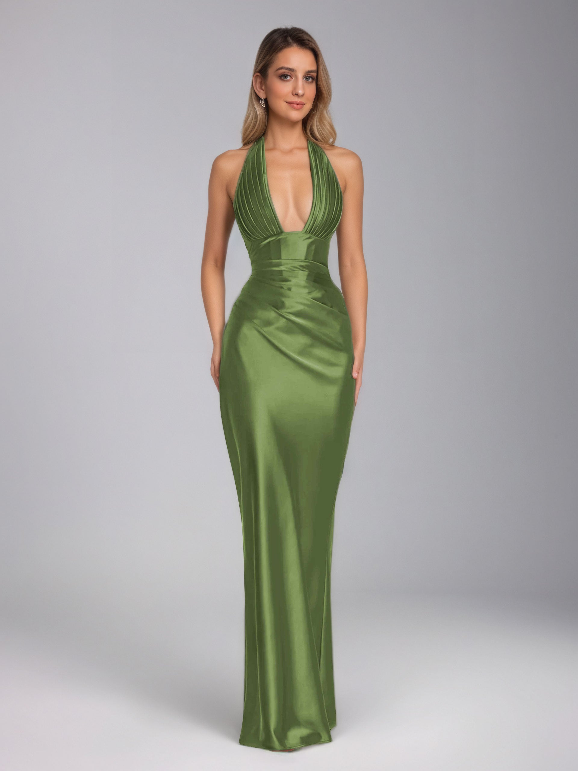 Raelithris Gorgeous V Neck Pleated Sheath Floor Length Satin Prom Dresses